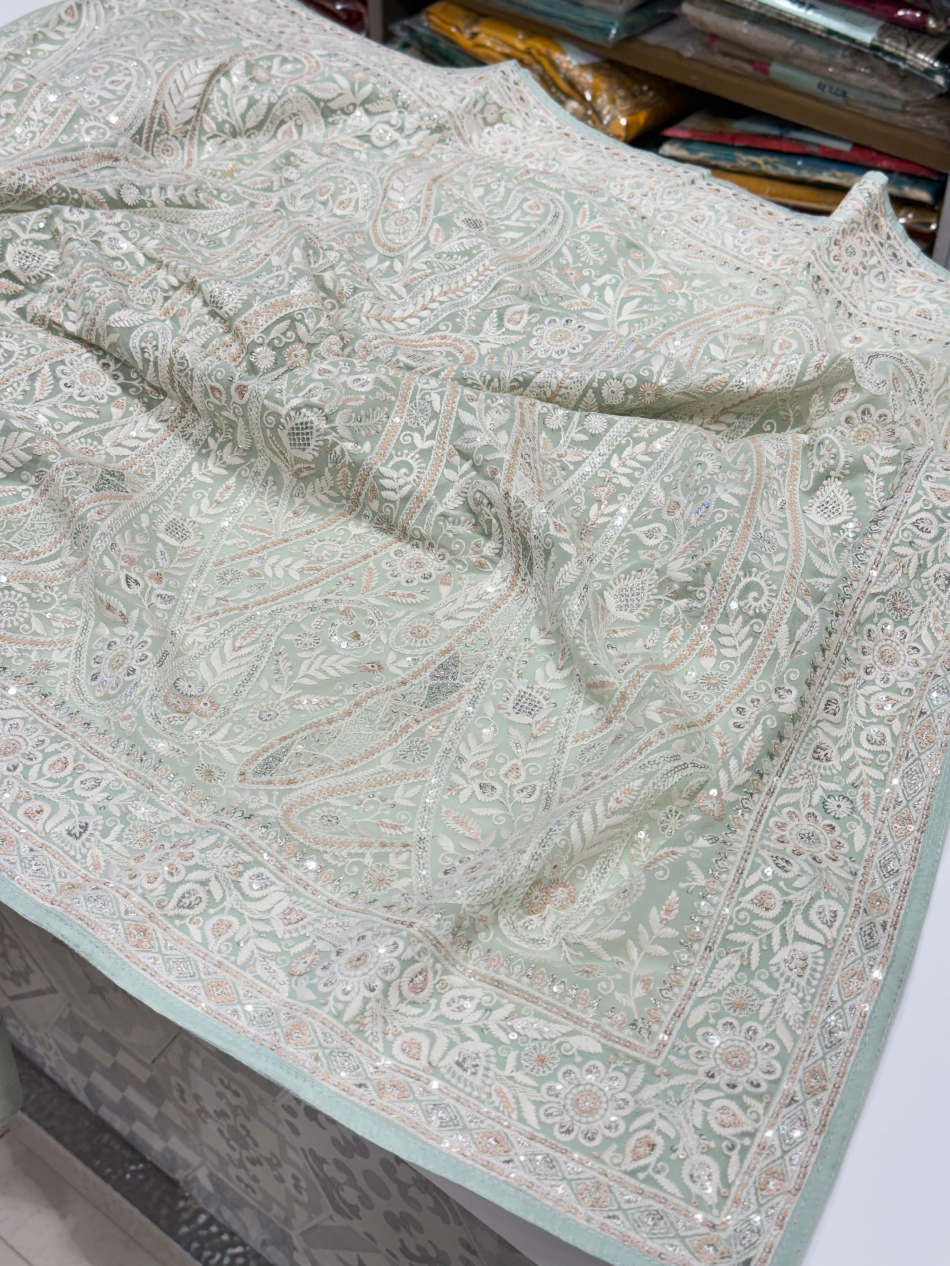 Light Pista Chikankari Keri Saree