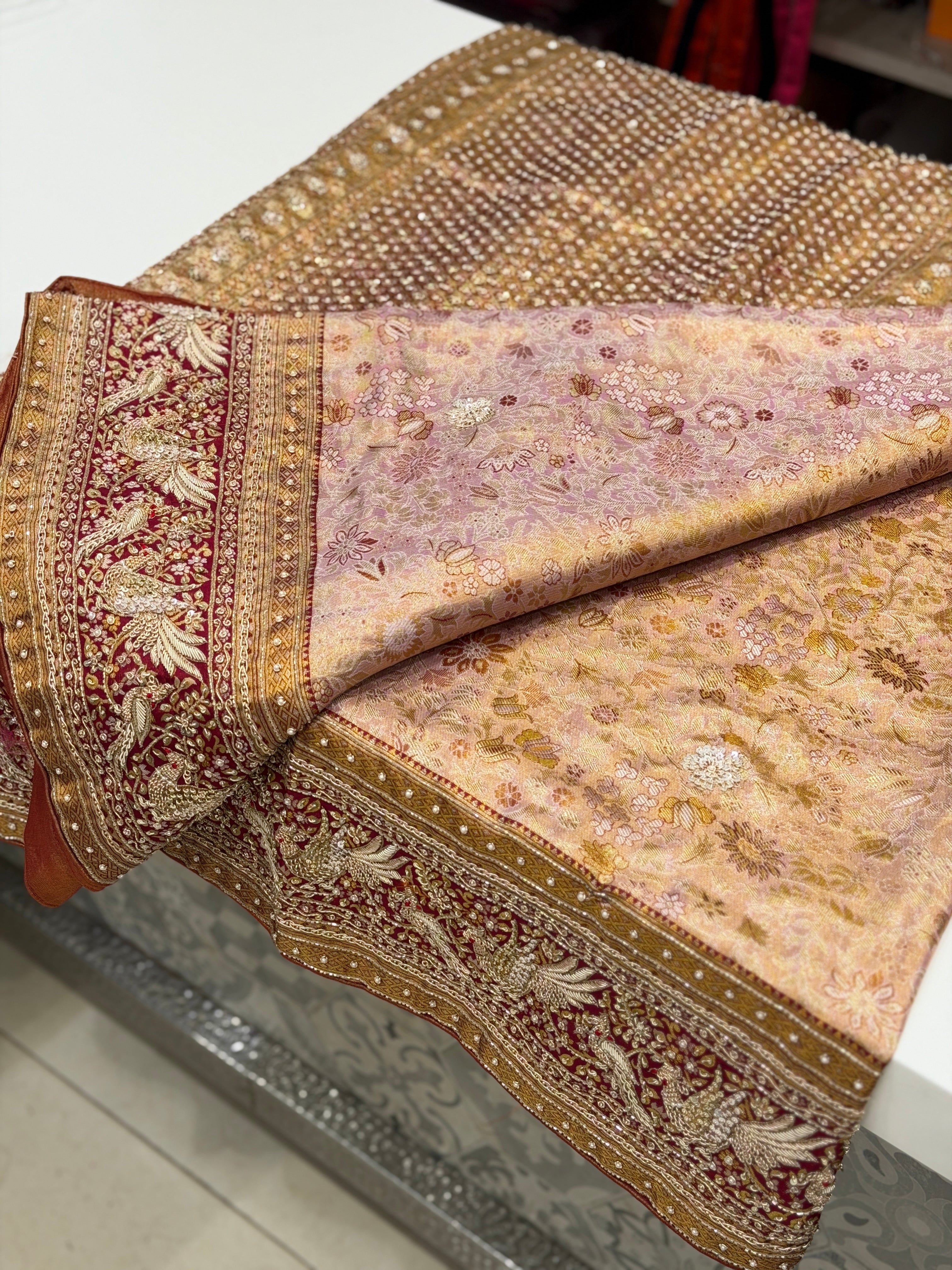 Pastel Pink Meenakari Tissue Kanjivaram Zardosi Hand Embroidery Saree