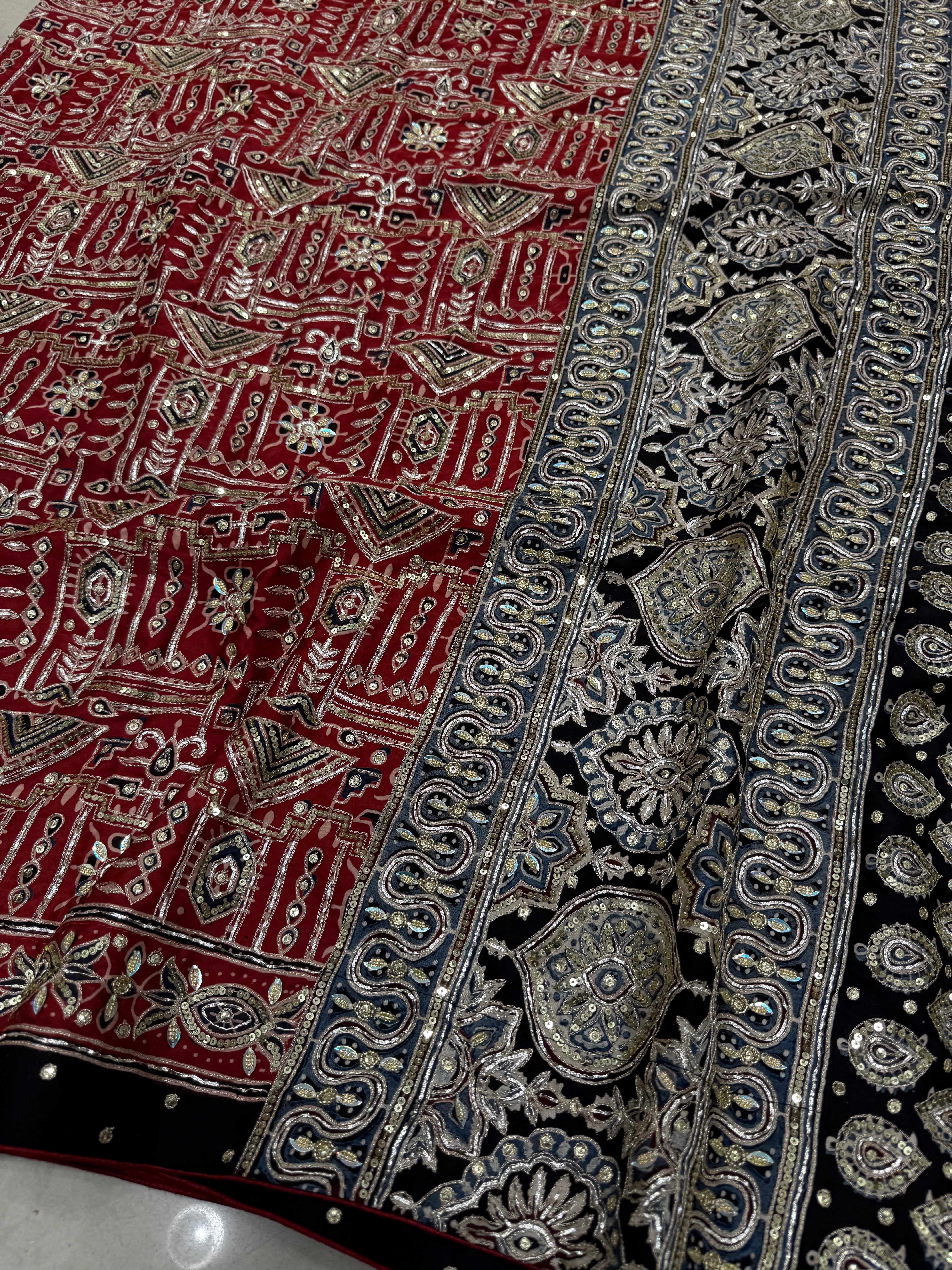 Red Contemporary Pita Zardosi Sequin Ajrakh Hand Embroidery Saree