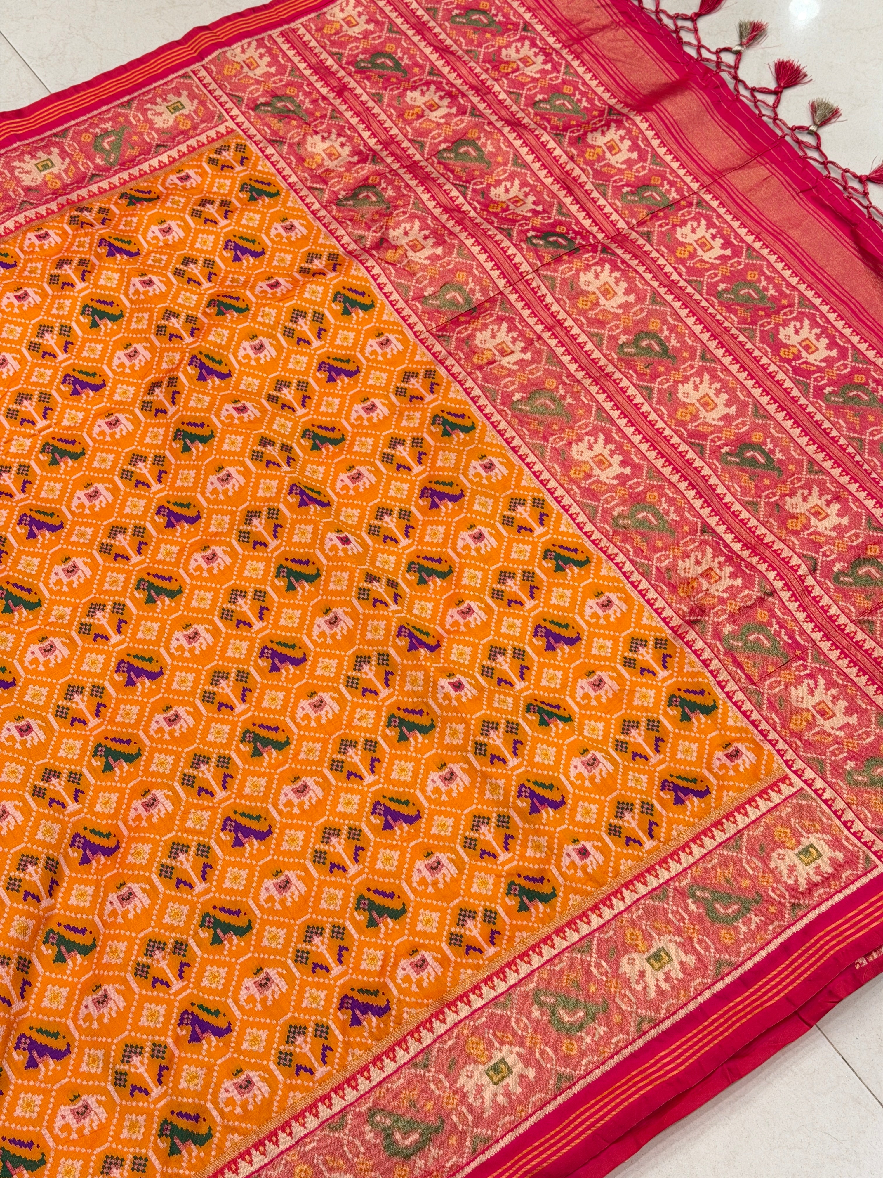 Orange Red Elephant Jaal Semi Silk Weaved Patan Patola Saree
