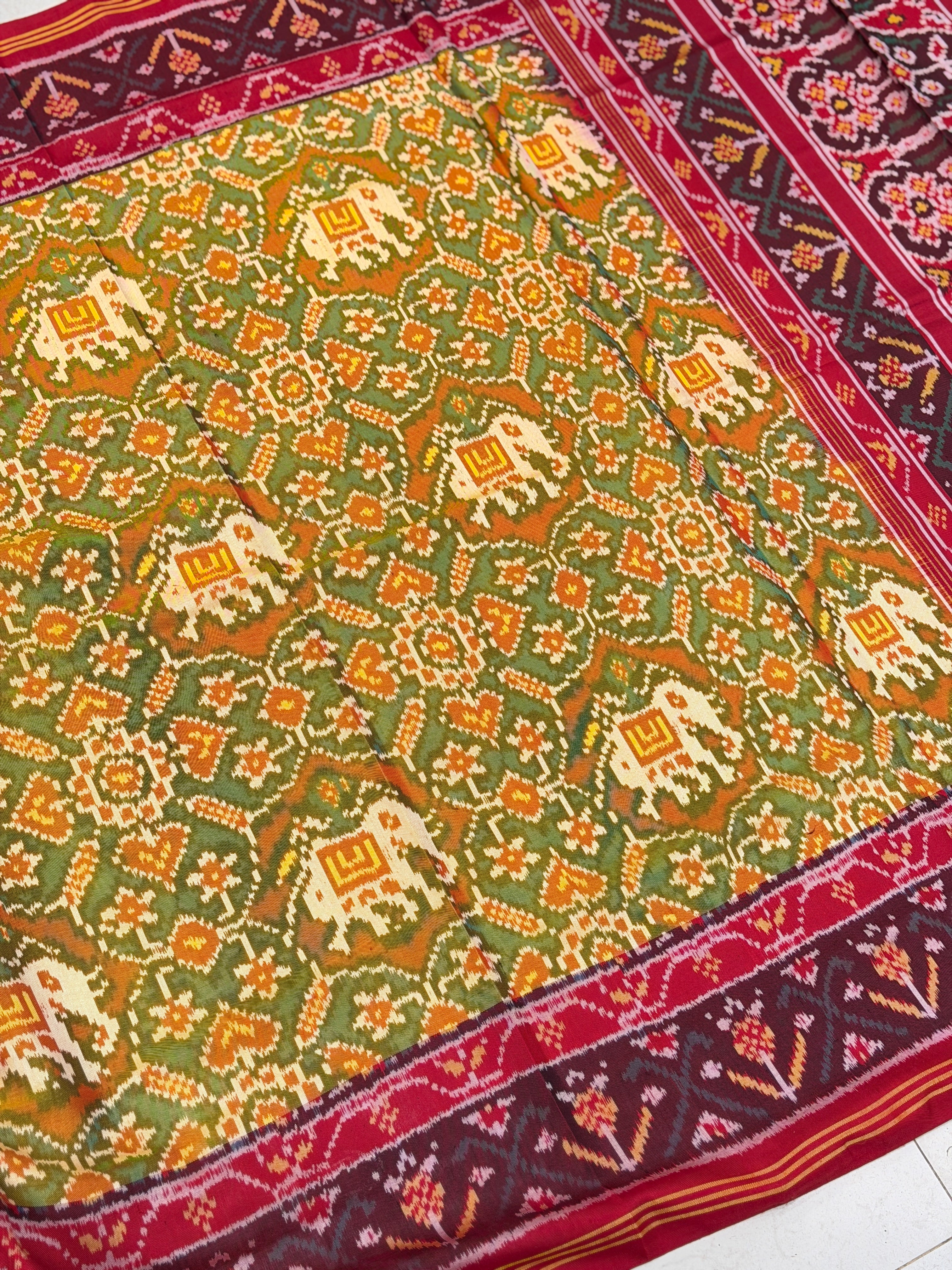 Yellow Red Navratna With Elephant Motifs Patan Patola Handloom Saree