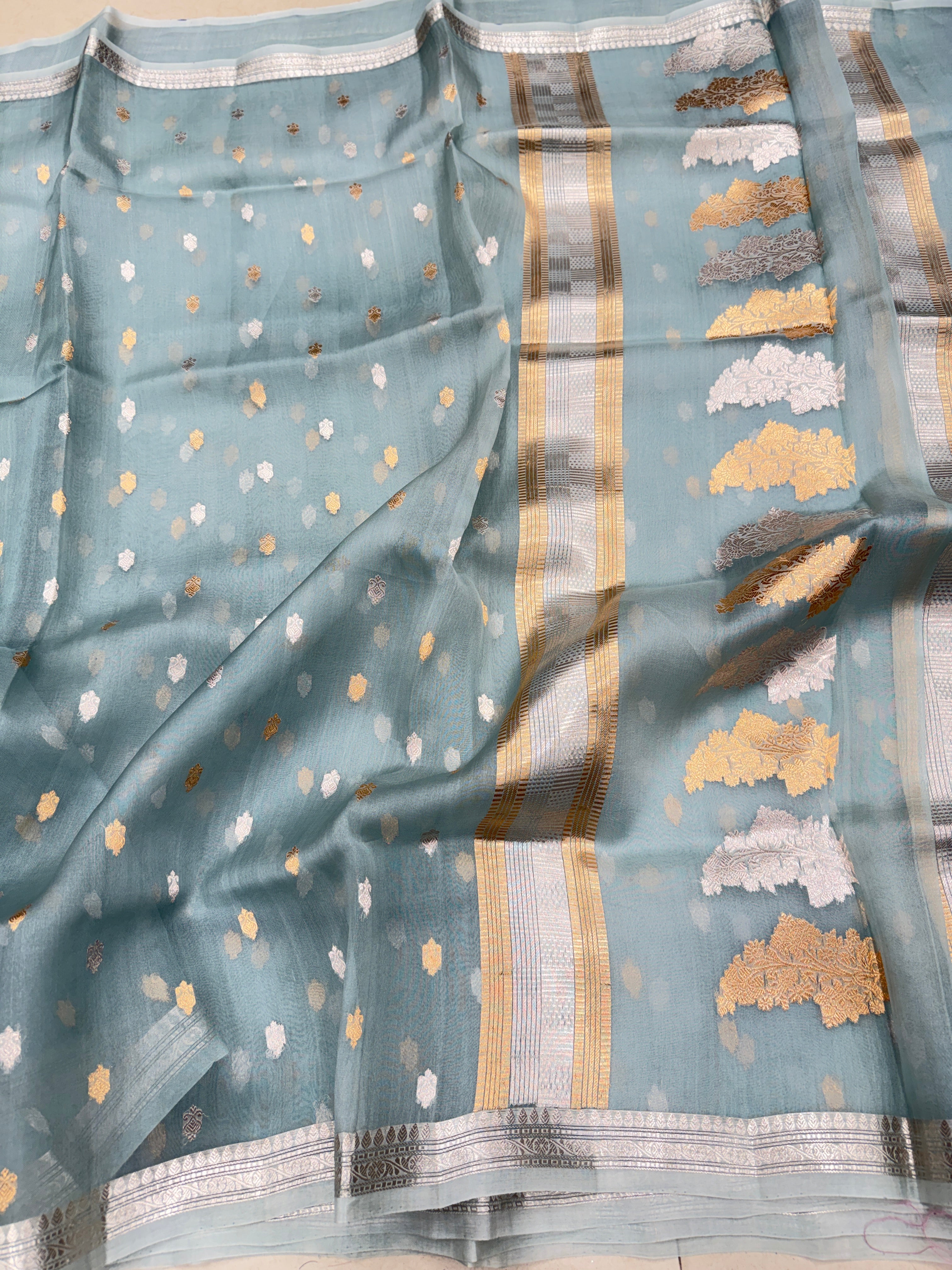 Pastel Sage Green Banarasi Sona Roopa Handloom Kora Silk Saree