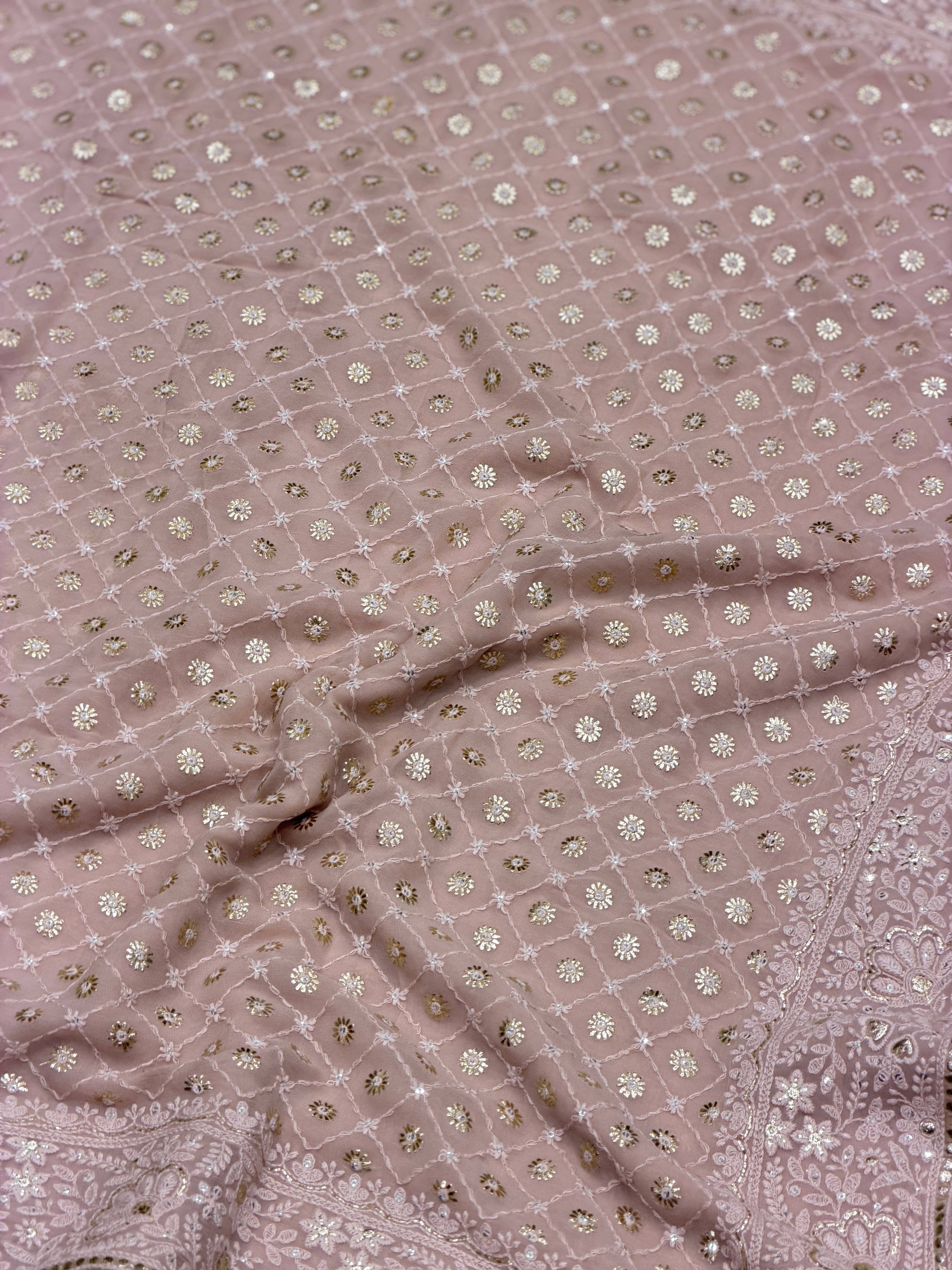 Nude Pink Georgette Chikankari Resham Saree