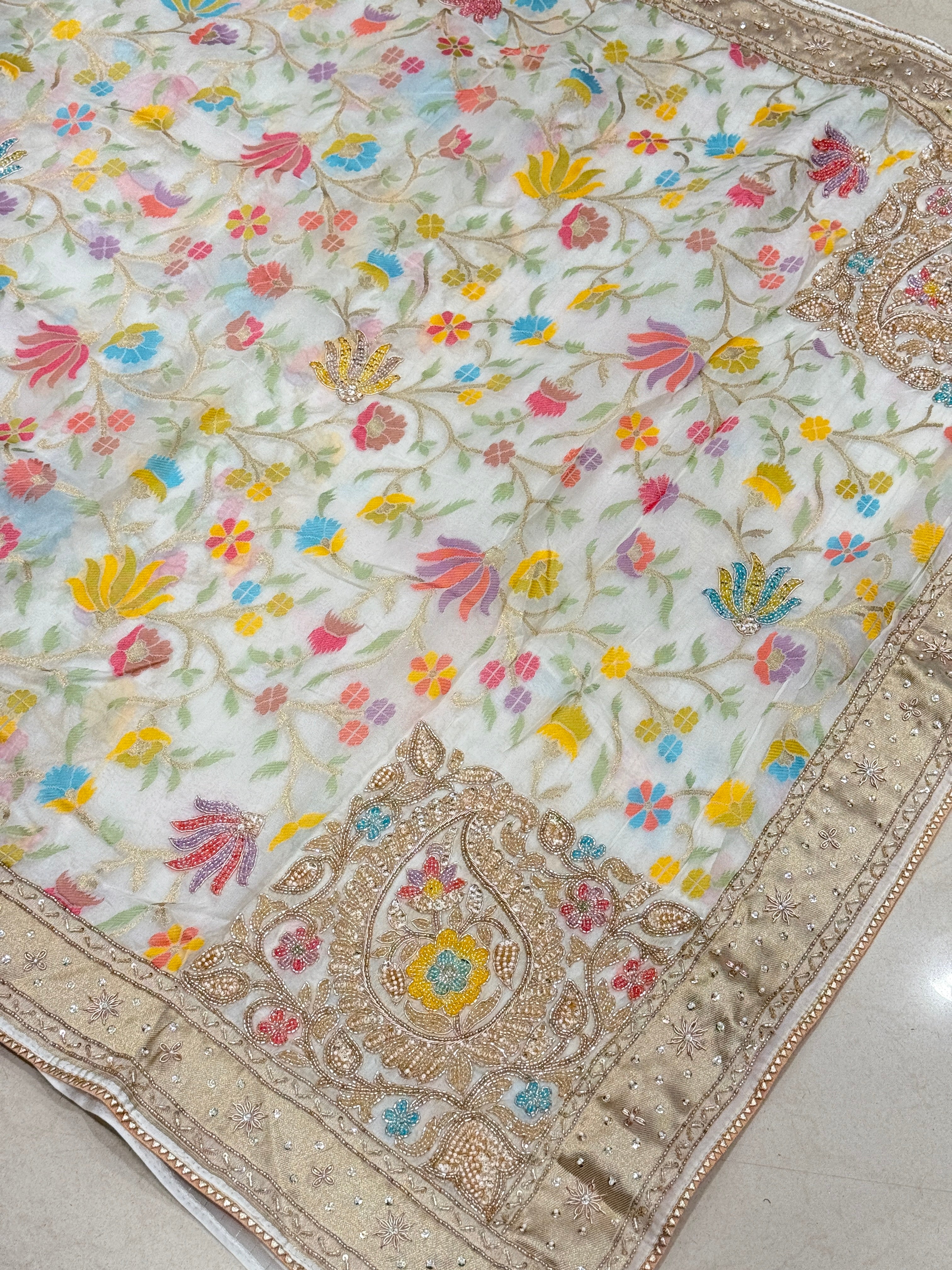 White Meenakari Banarasi Kora Sequin Zardosi Hand Embroidery Saree