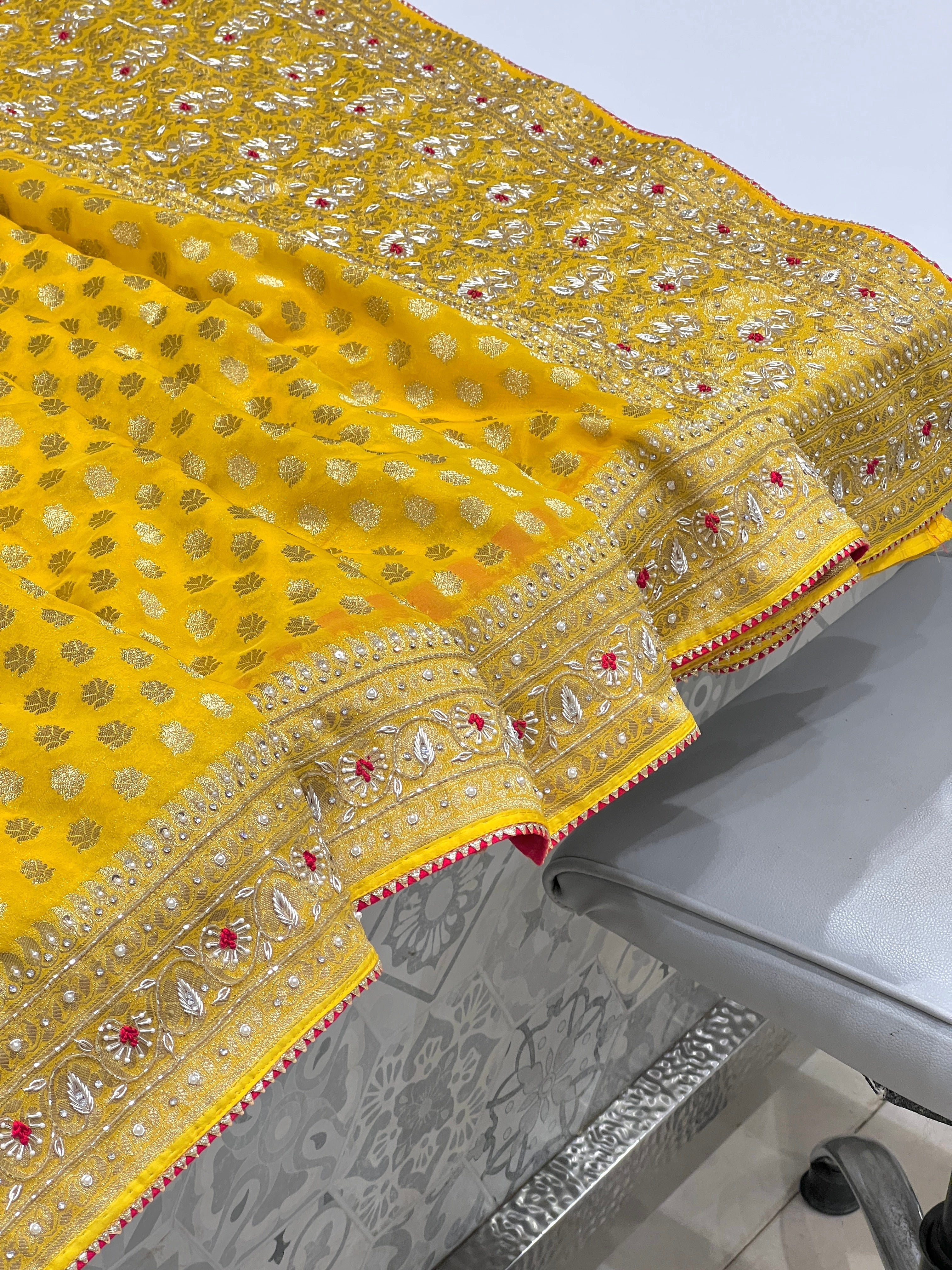 Yellow Georgette Butti Zardozi Resham Embroidery Saree