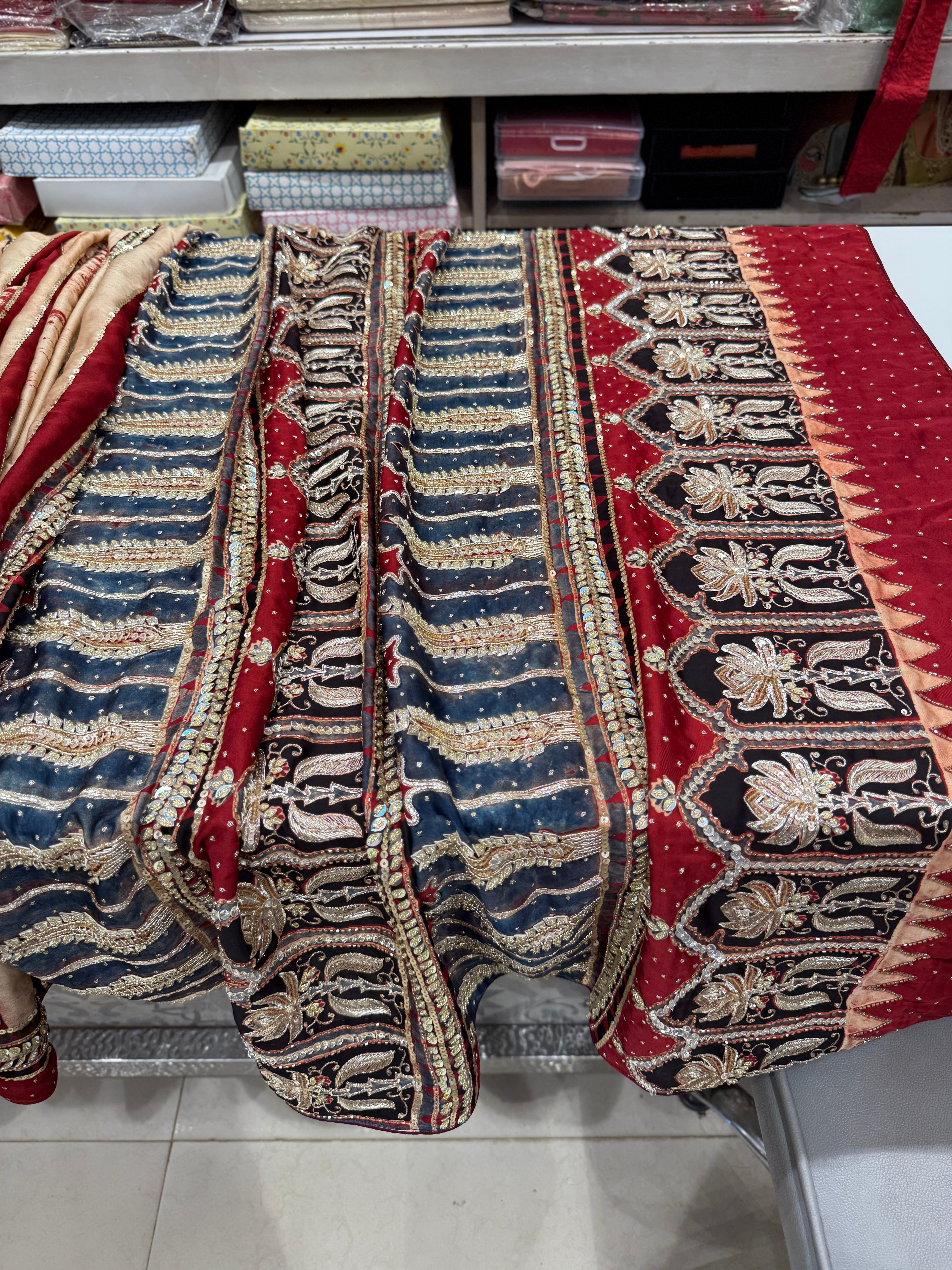 Ajrakh Hand Embroidery Zardosi Sequin Saree Contemporary