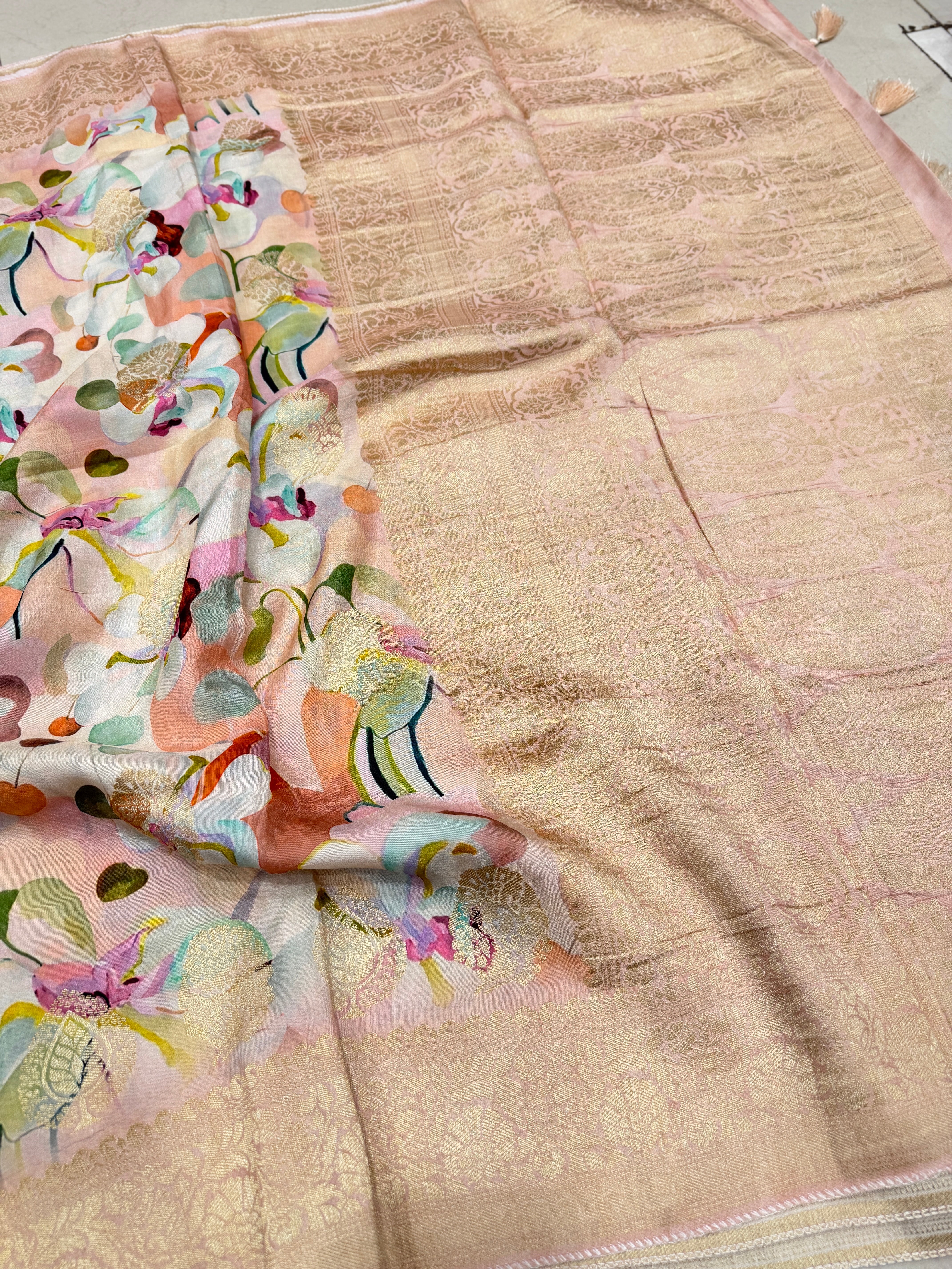 Pink Floral Multi Colour Print Munga Soft Silk Saree
