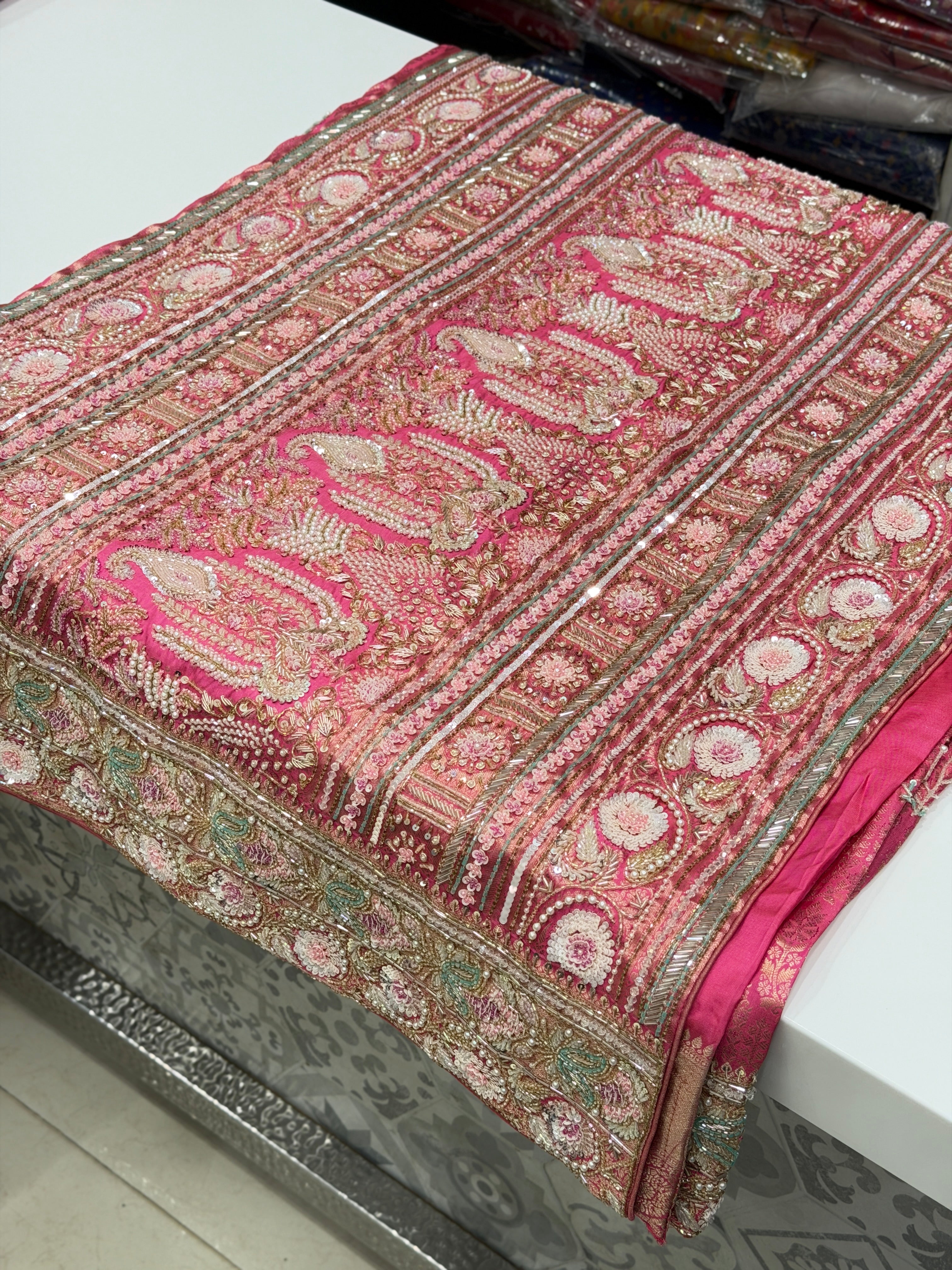 Crimson Pink Kanjivaram Moti Zardosi Hand Embroidery Saree