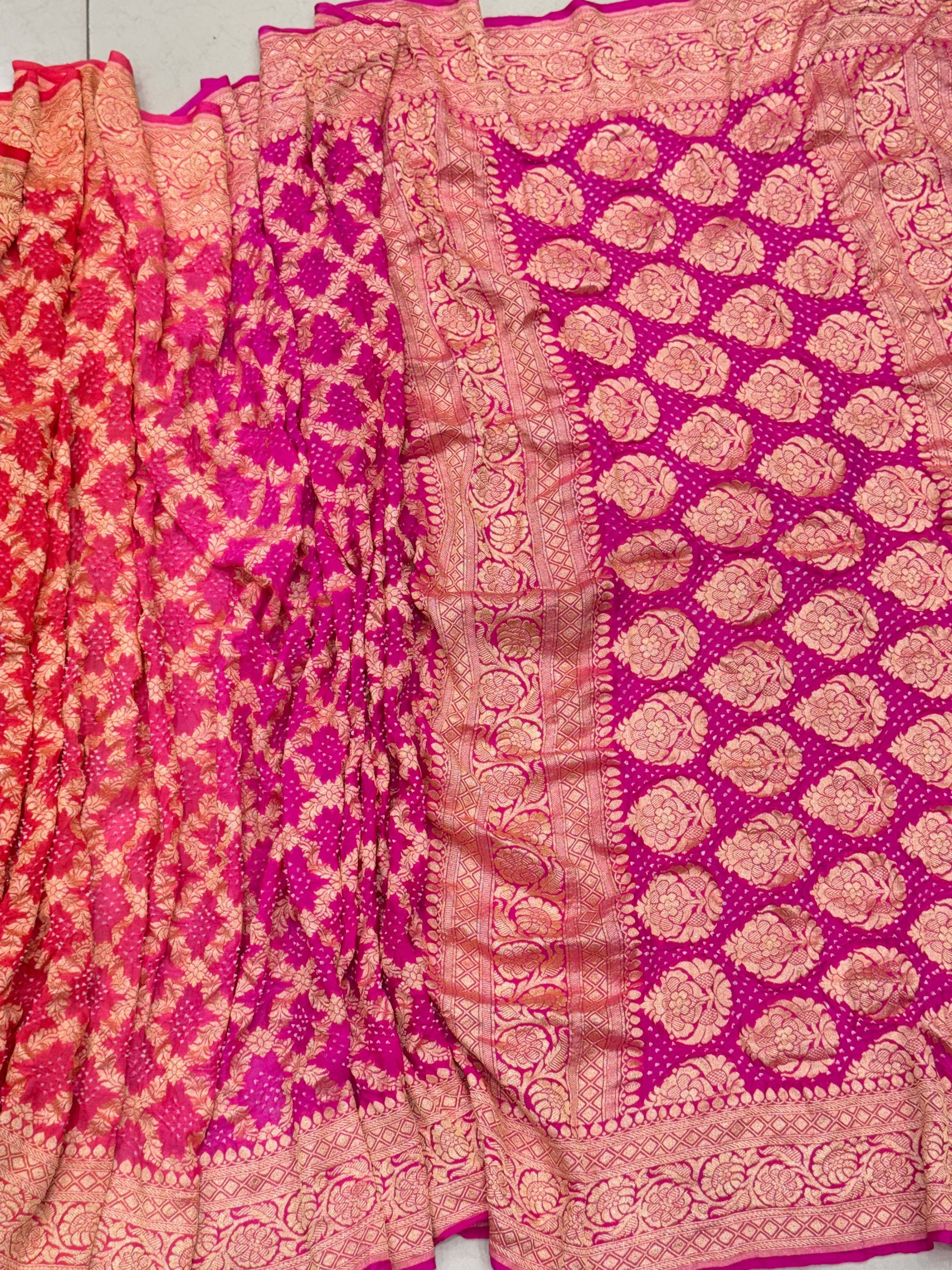 Shaded Rani Six Colour Bandhej Bandhini Saree