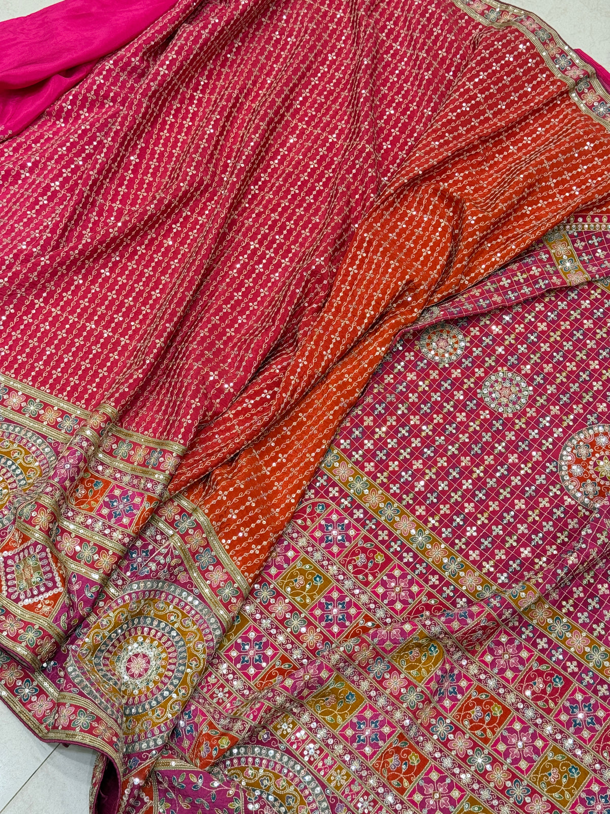 Rani Shaded Meenakari Crepe Banarasi Pita Embroidery Saree