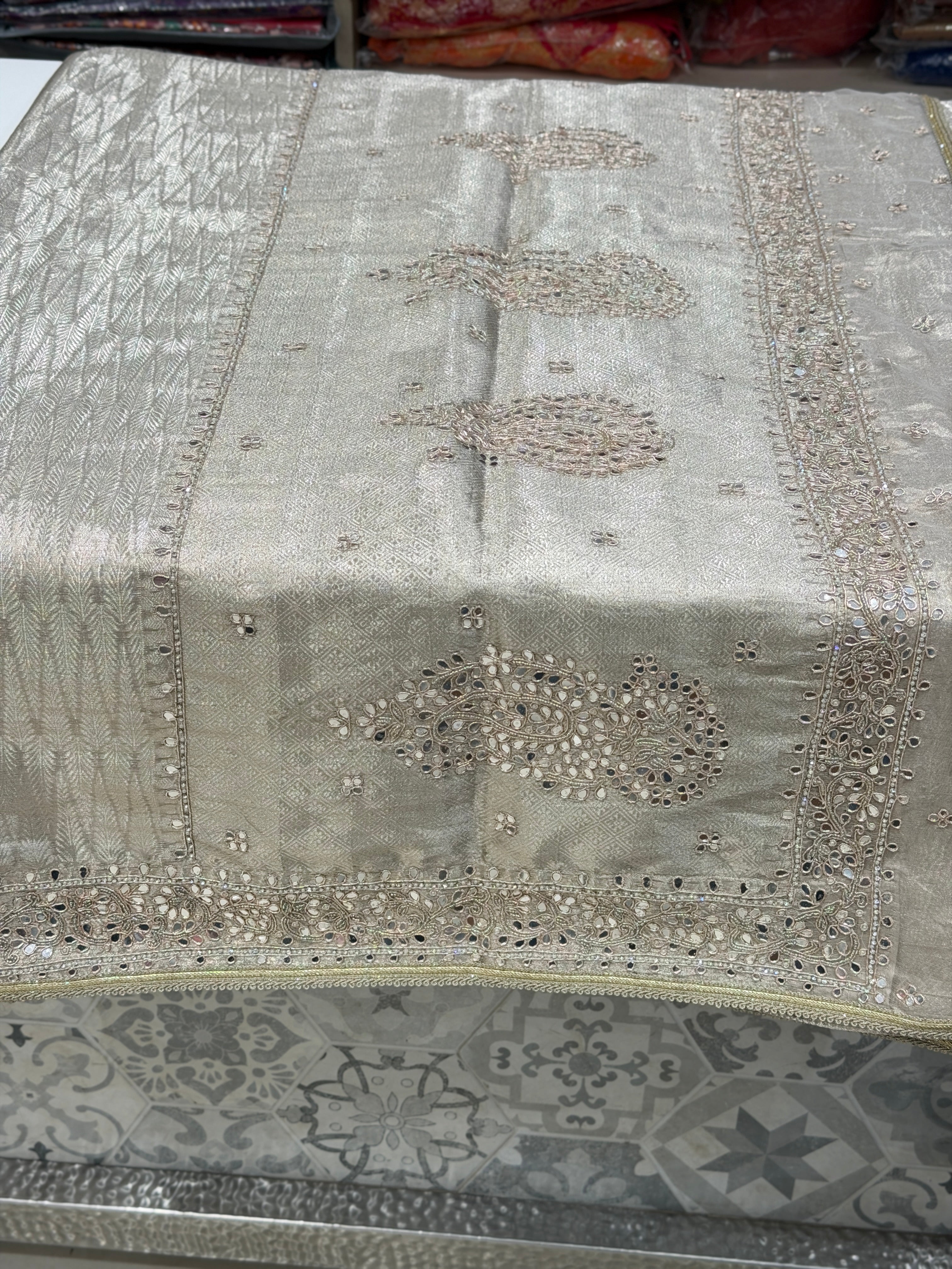 Silver Tissue Kanjivaram Contemporary Hand Embroidery Saree