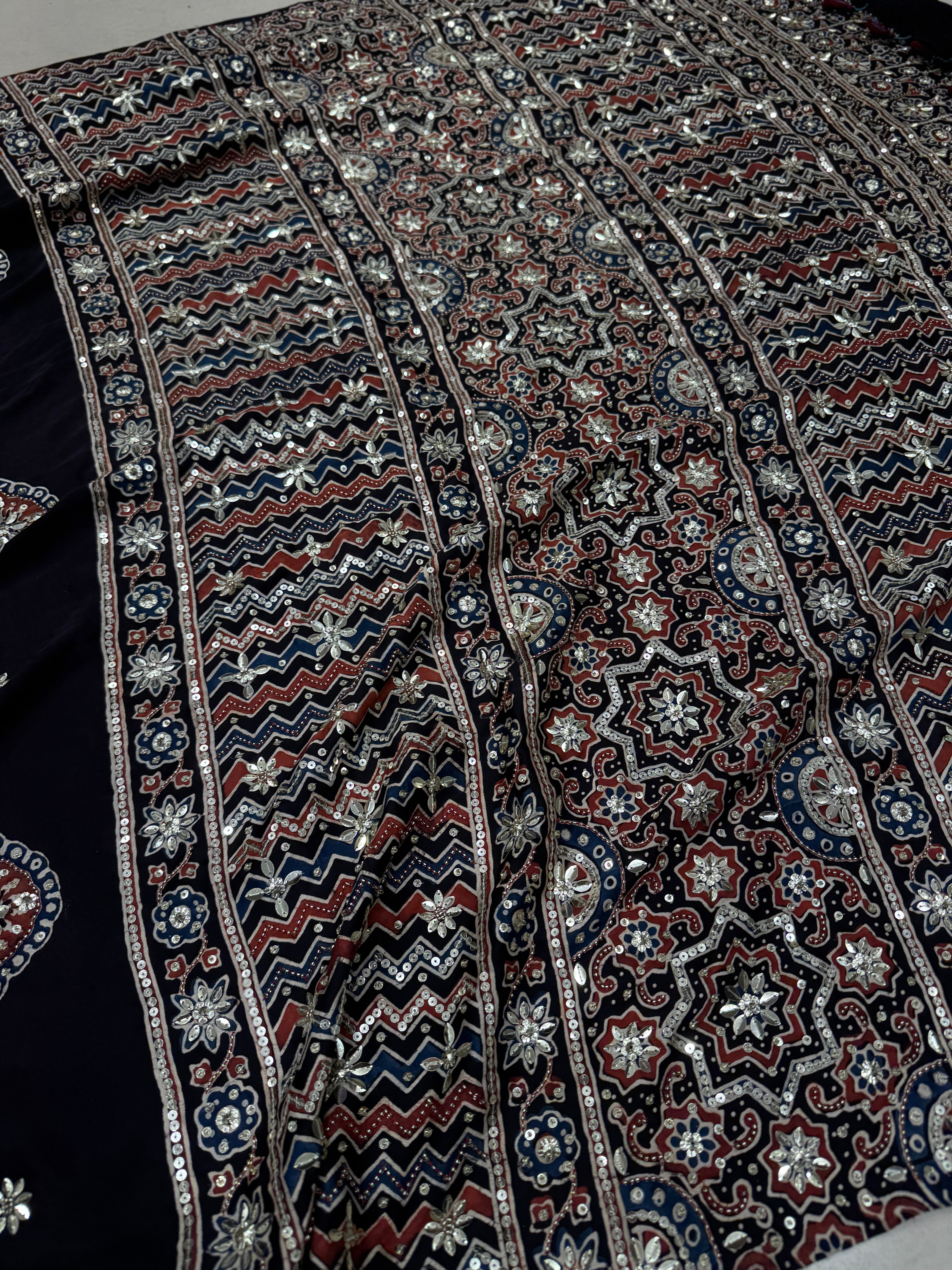 Black Ajrakh Badam Butta Moti Sequin Ajrakh Hand Embroidery Saree