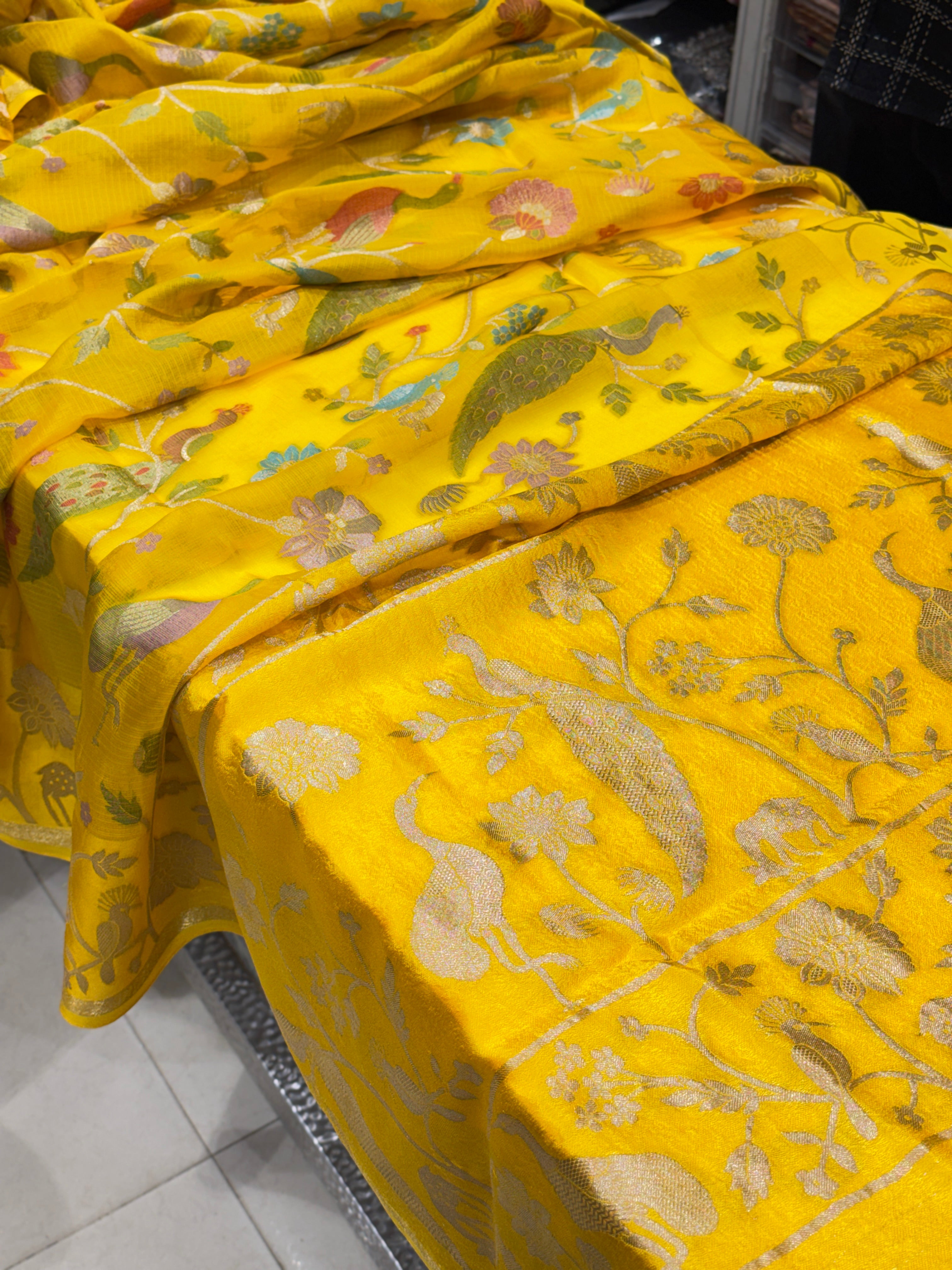 Yellow Meenakari Manipuri Kora Silk Saree