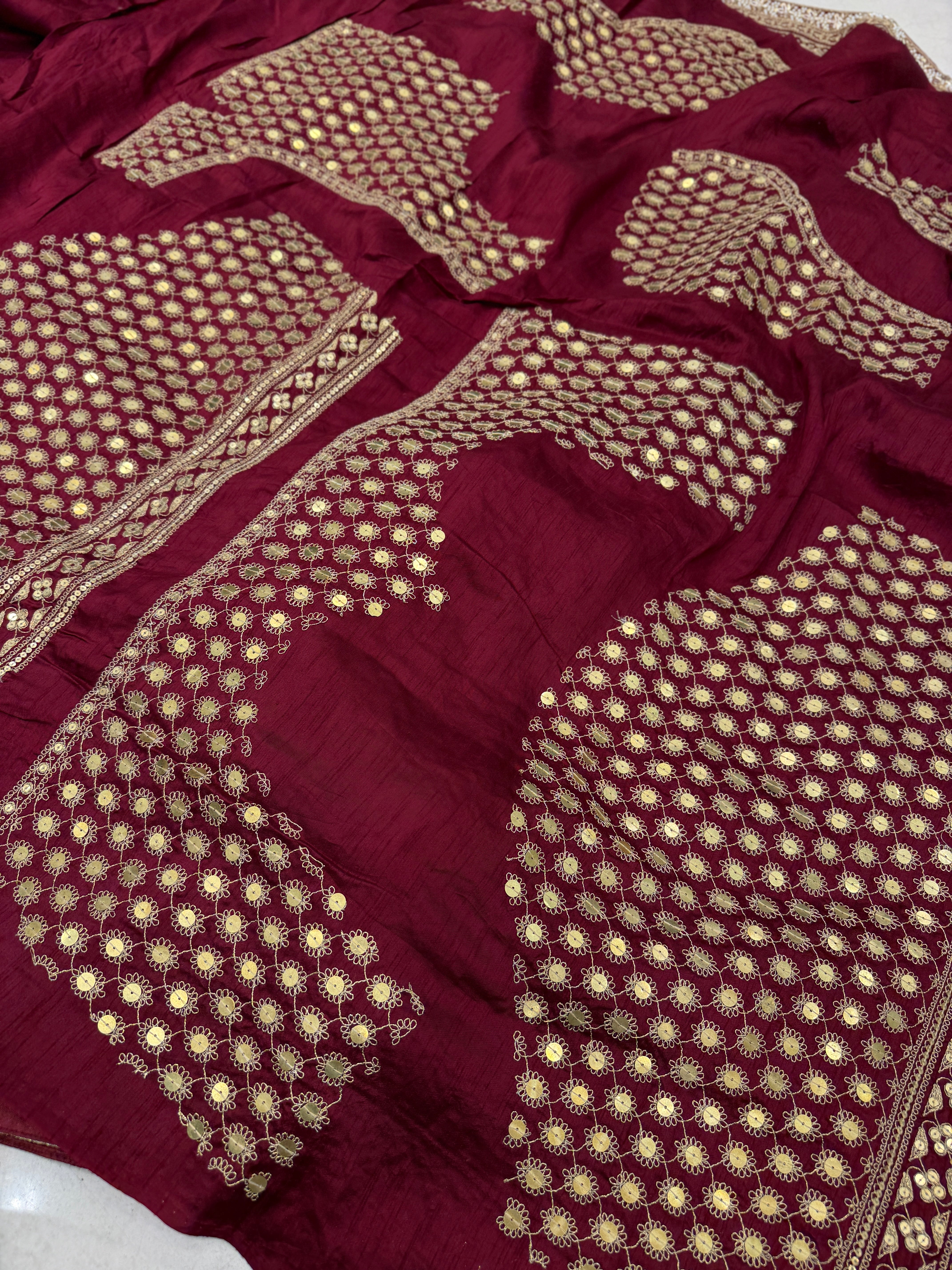 Maroon Pure Silk Sabyasachi Inspired Marodi Sequin Jaal Pallu Saree