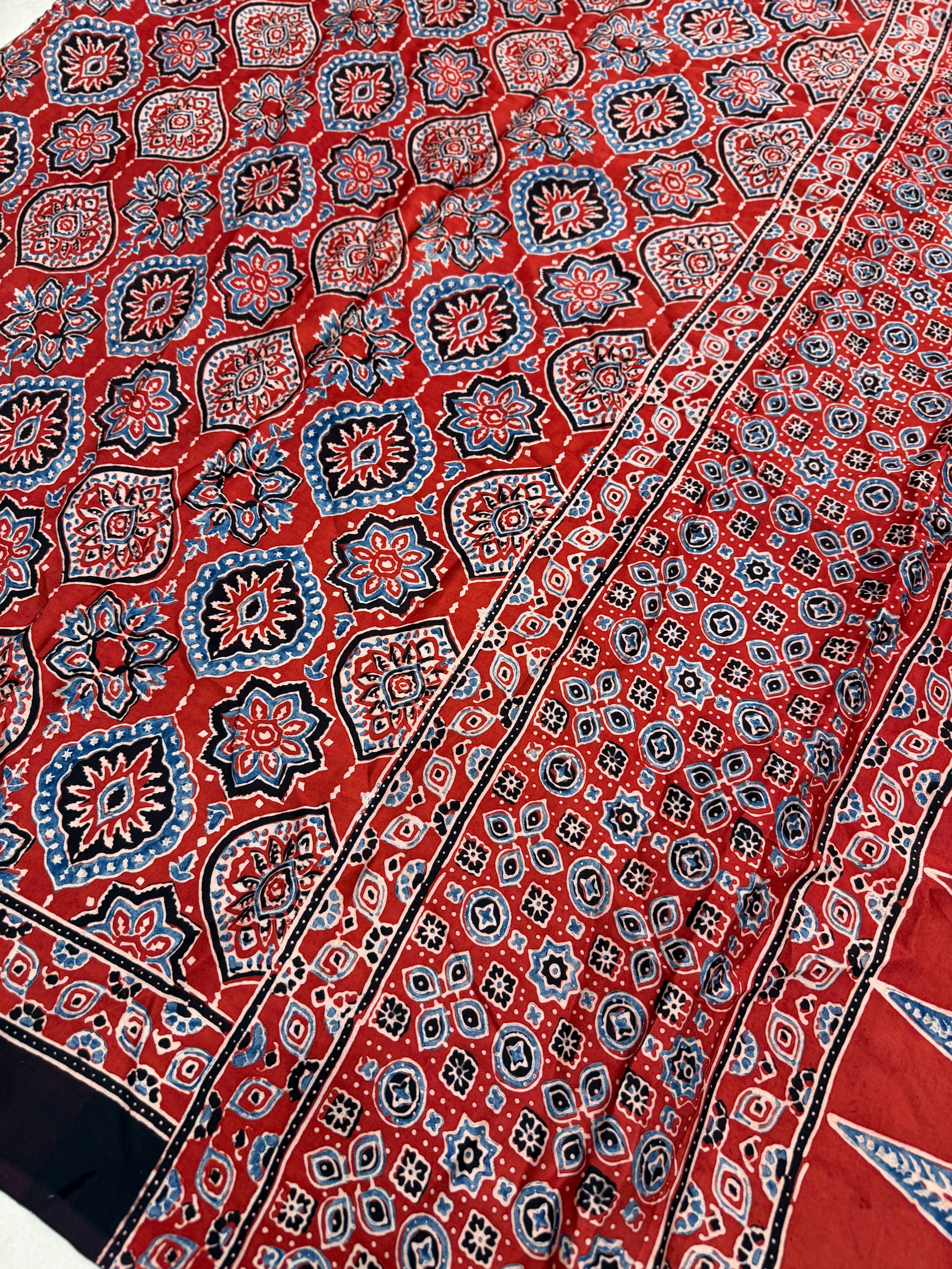 Red Badam Jaal Ajrakh Hand Block Print Pure Gajji Silk Saree