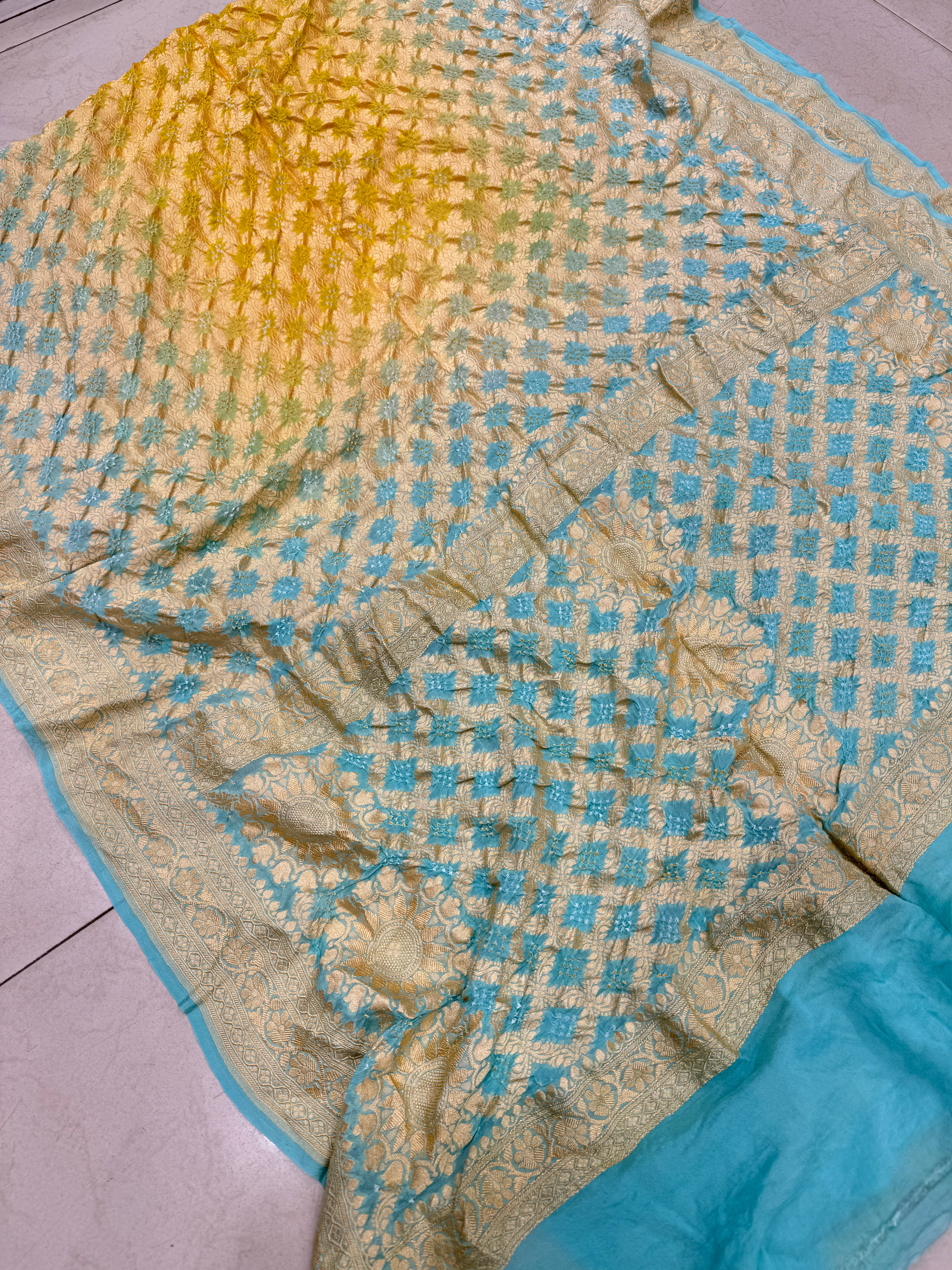 Shaded Blue Yellow Bandhej Bandhini Saree