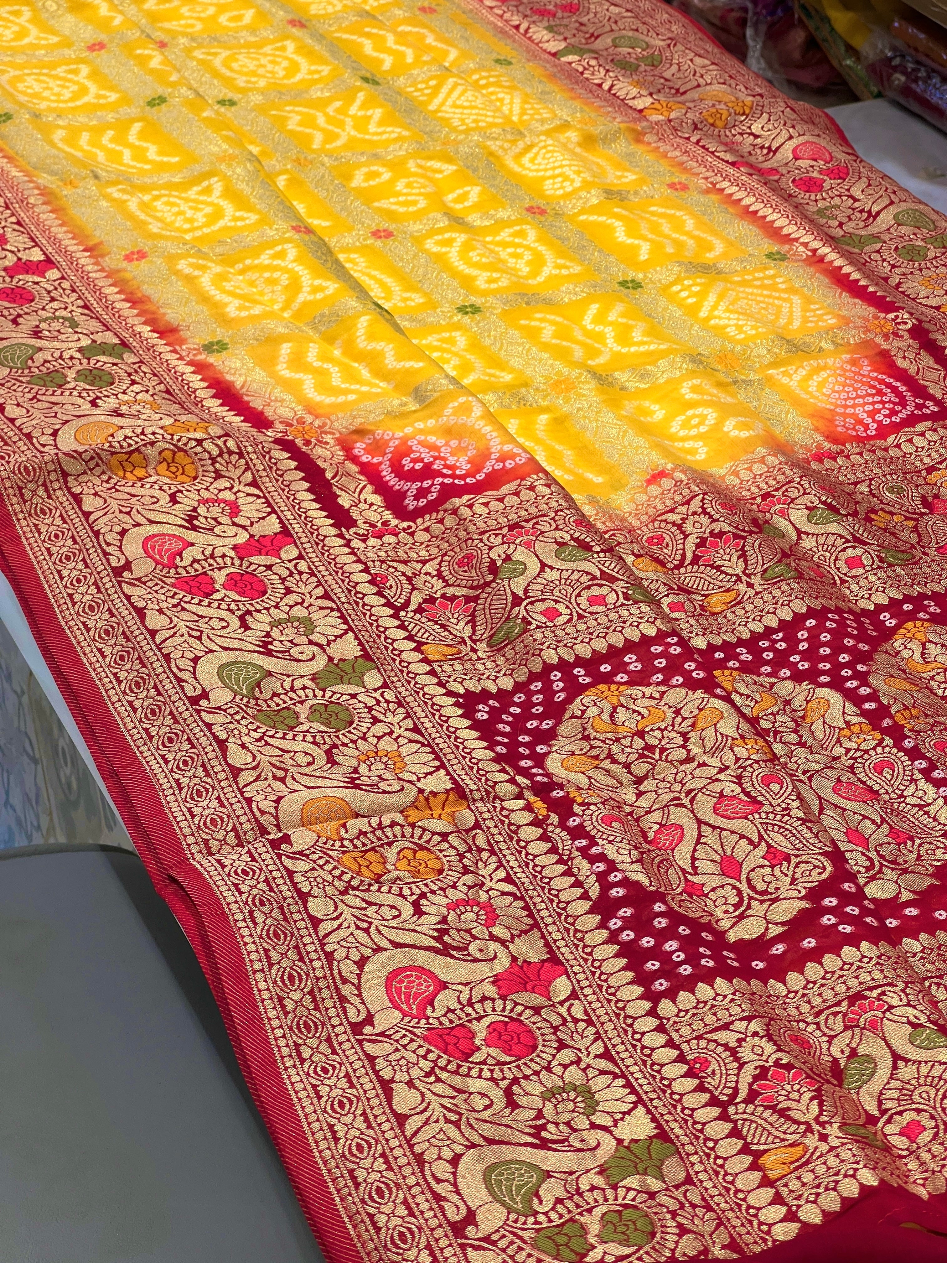 Yellow Red Gharchola Saree