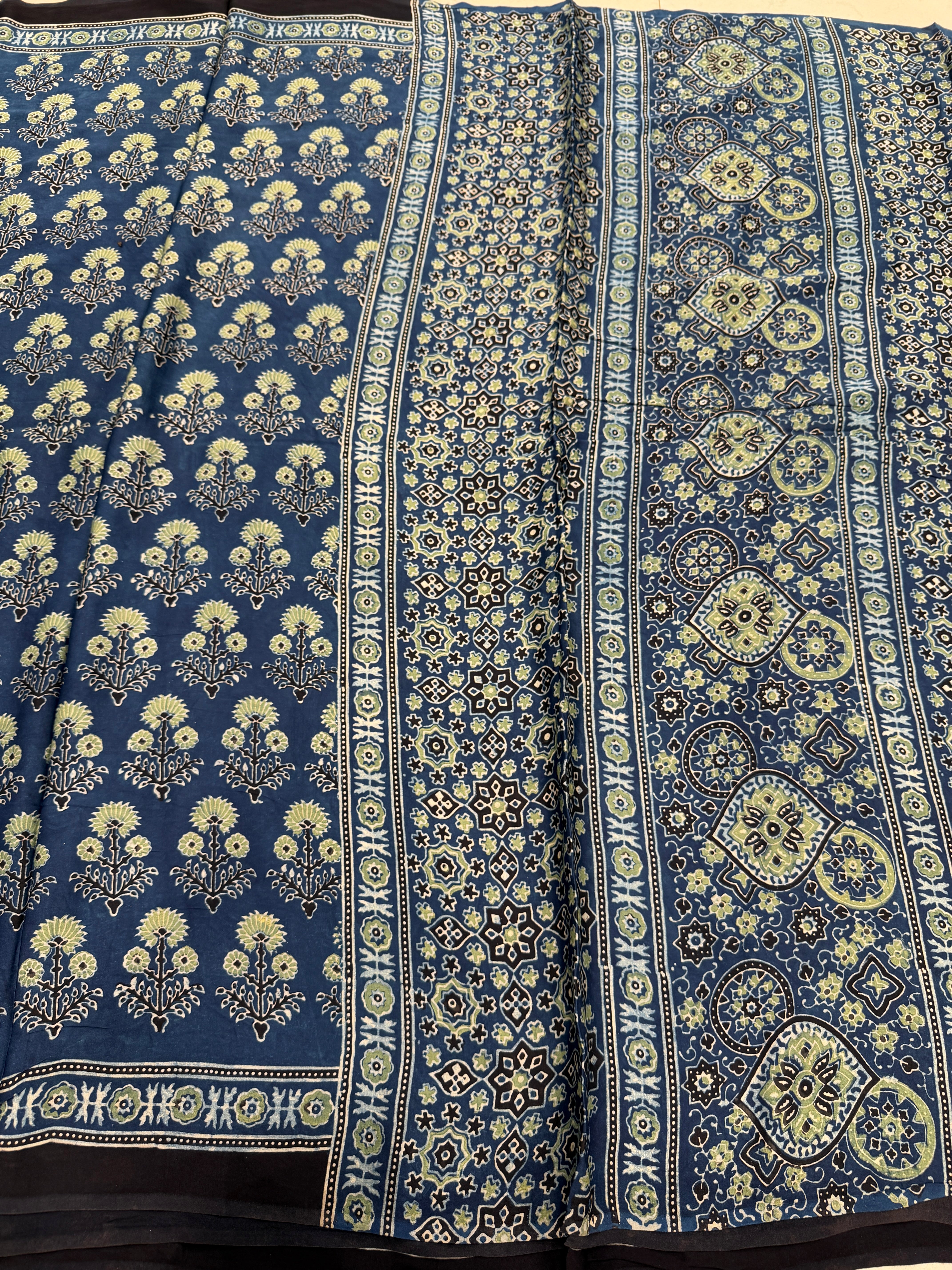 Blue Yellow Buttas Ajrakh Hand Block Print Pure Gajji Silk Saree