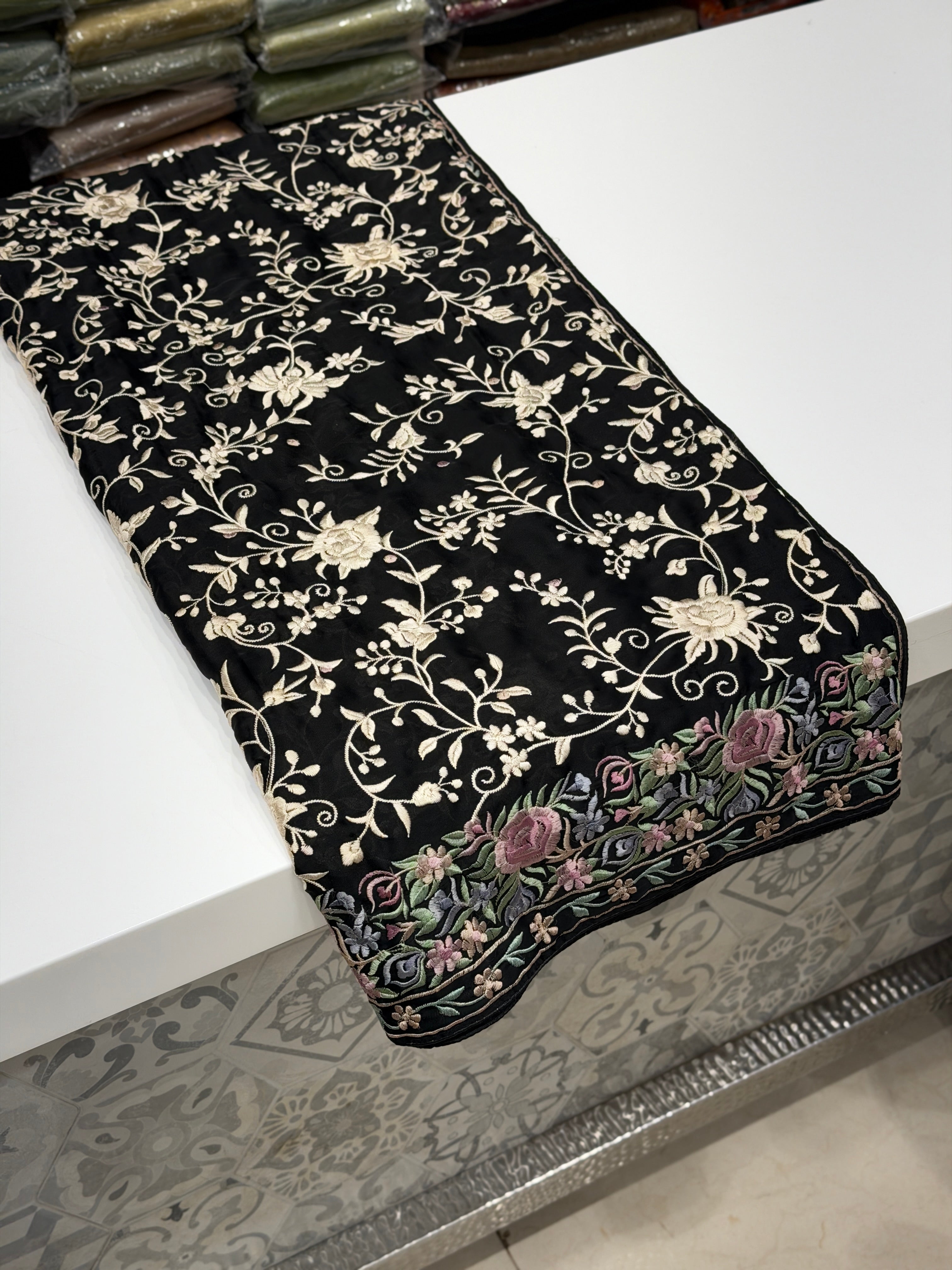 Black Crepe Floral Multi Resham Border Parsi Gara Saree