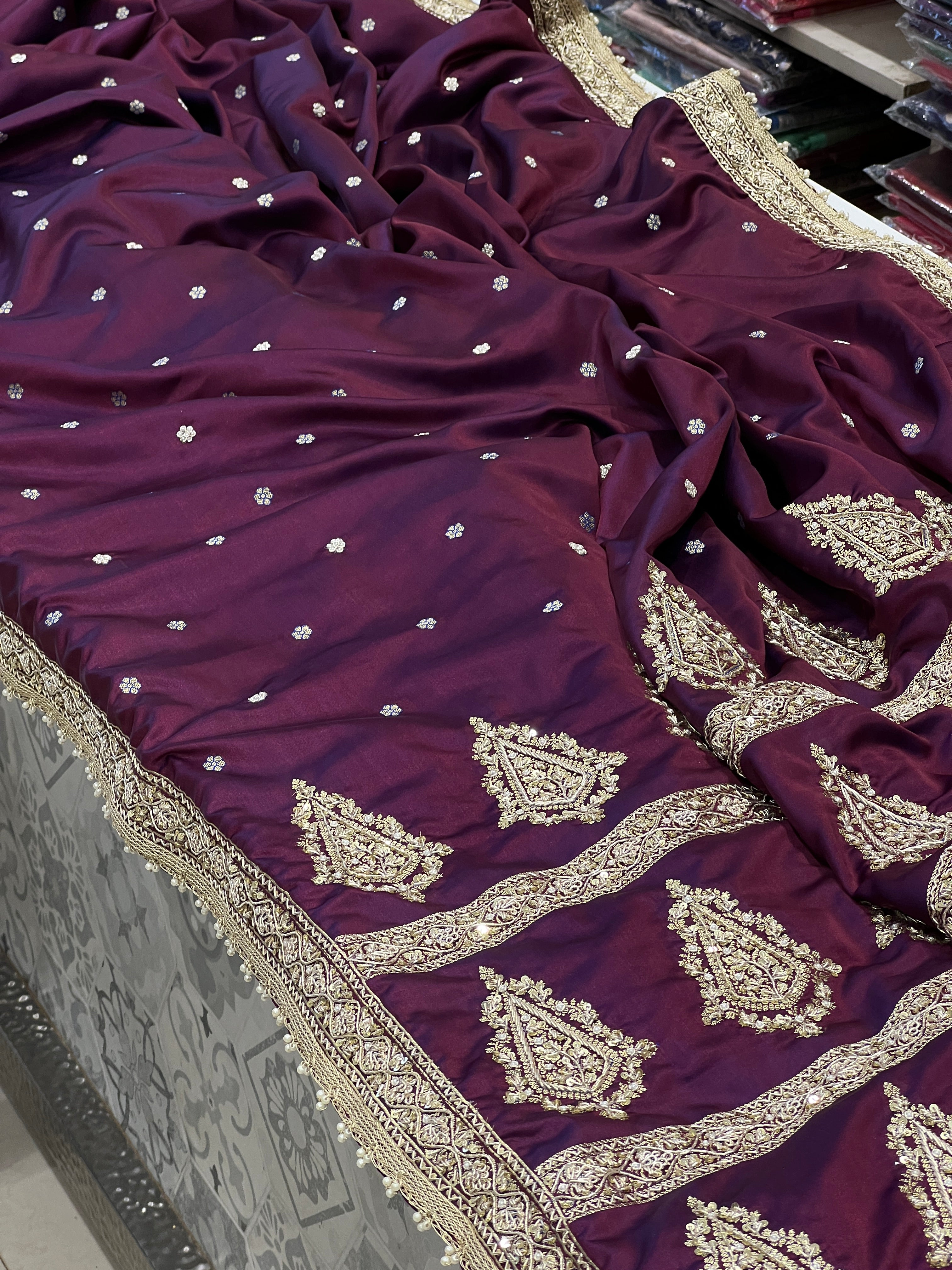 Wine Dhup Chav Banarasi Hand Embroidery Saree