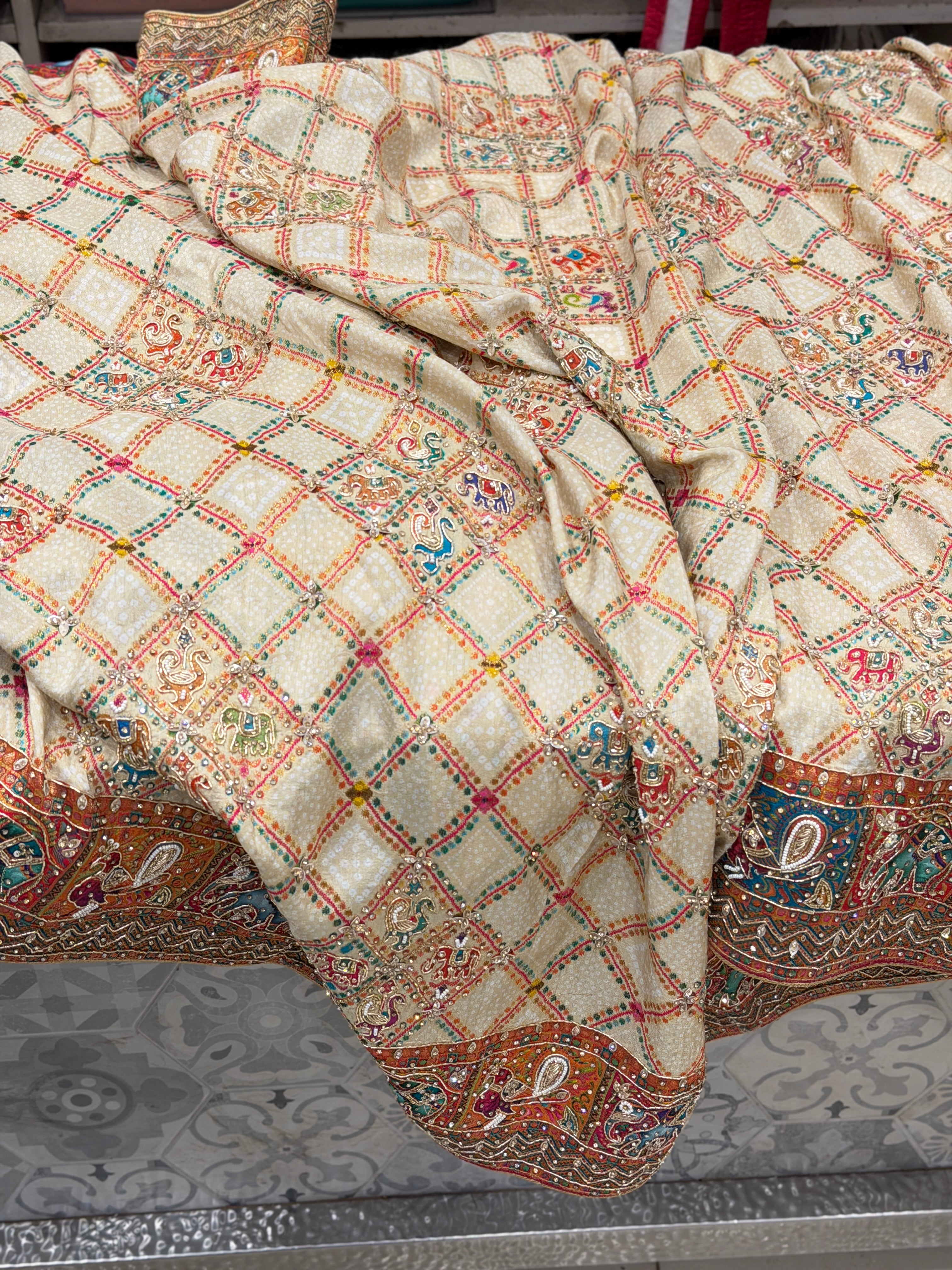 Beige Pashmina Banarasi Munga Patola Style Hand Embroidery Saree