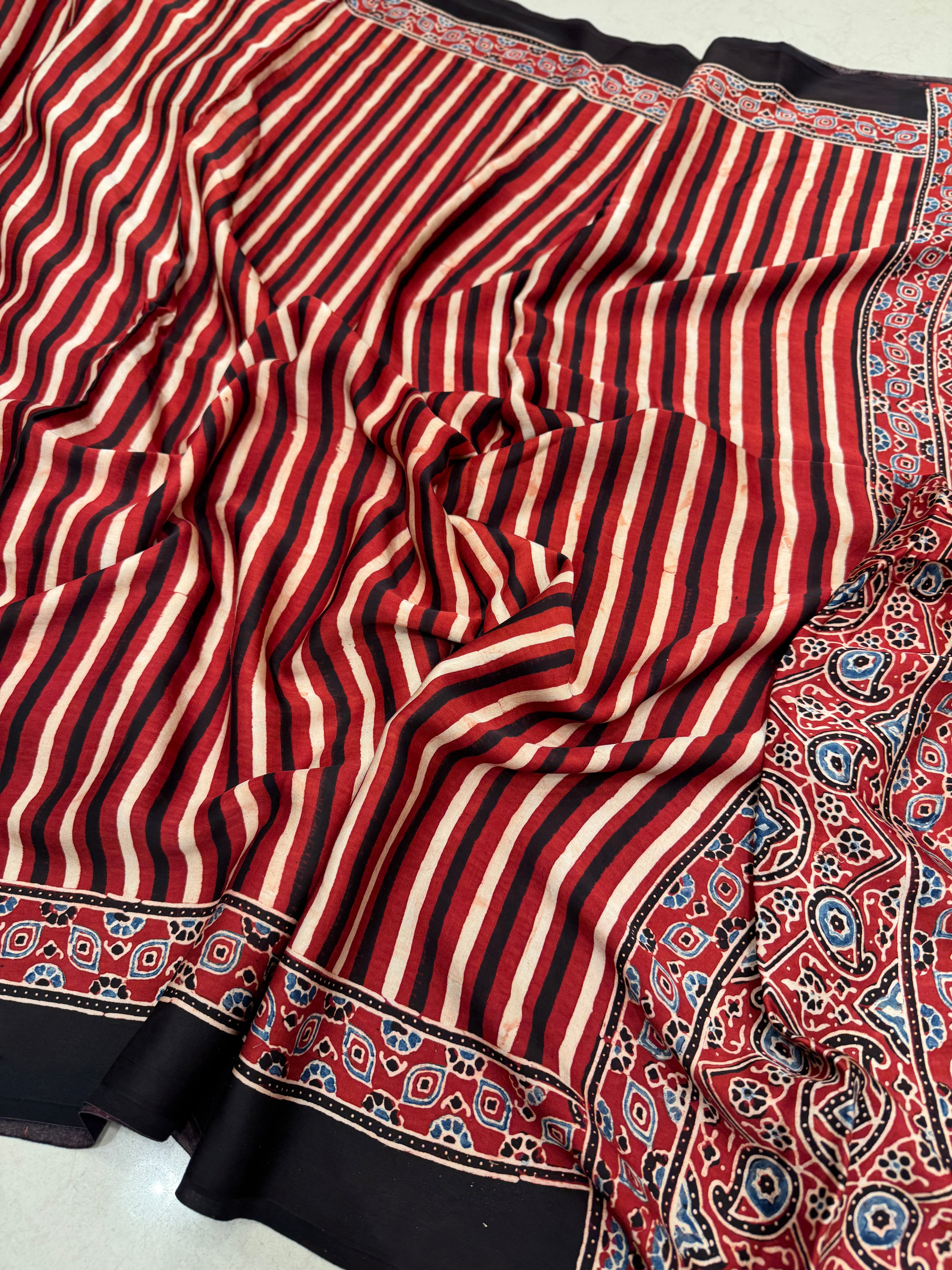 Red White Contemporary Hand Block Print Ajrkah Pure Gajji Silk Saree