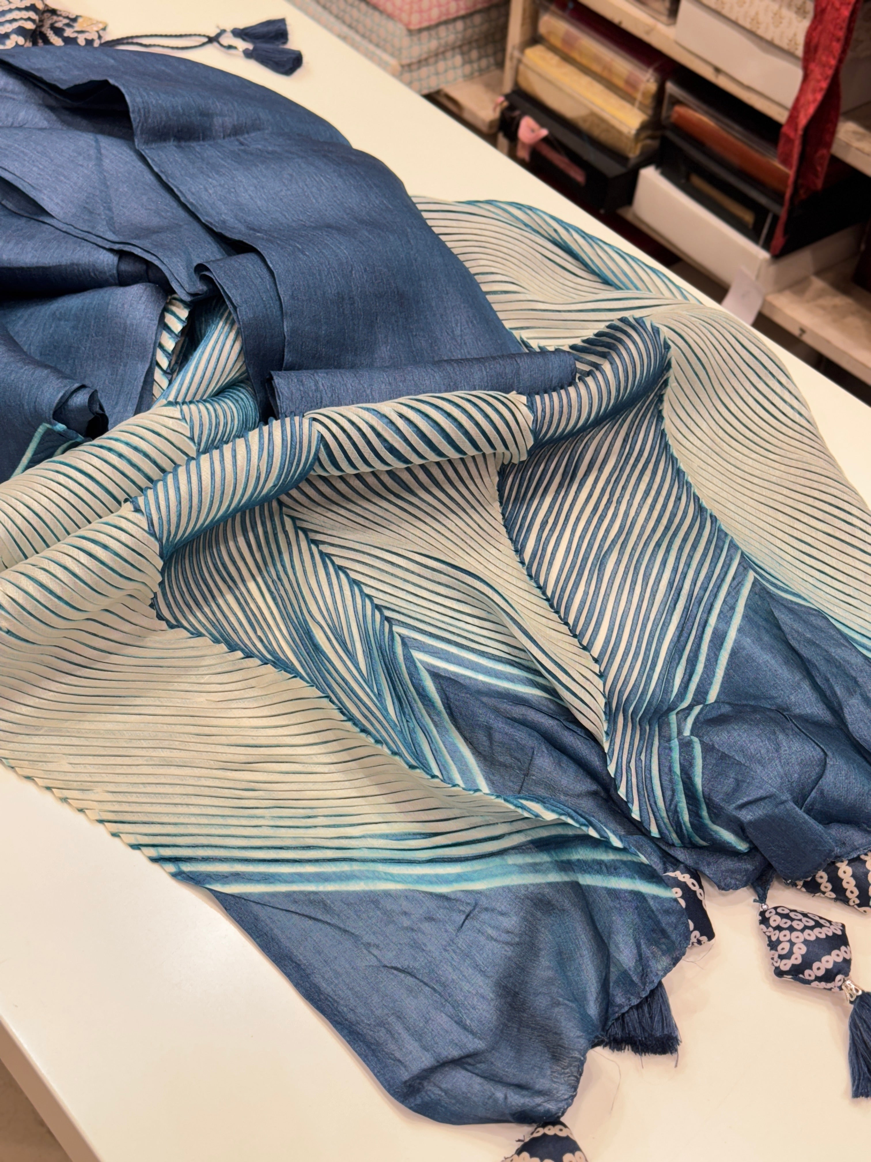 Blue Crushed Tussor with Ready Blouse Saree