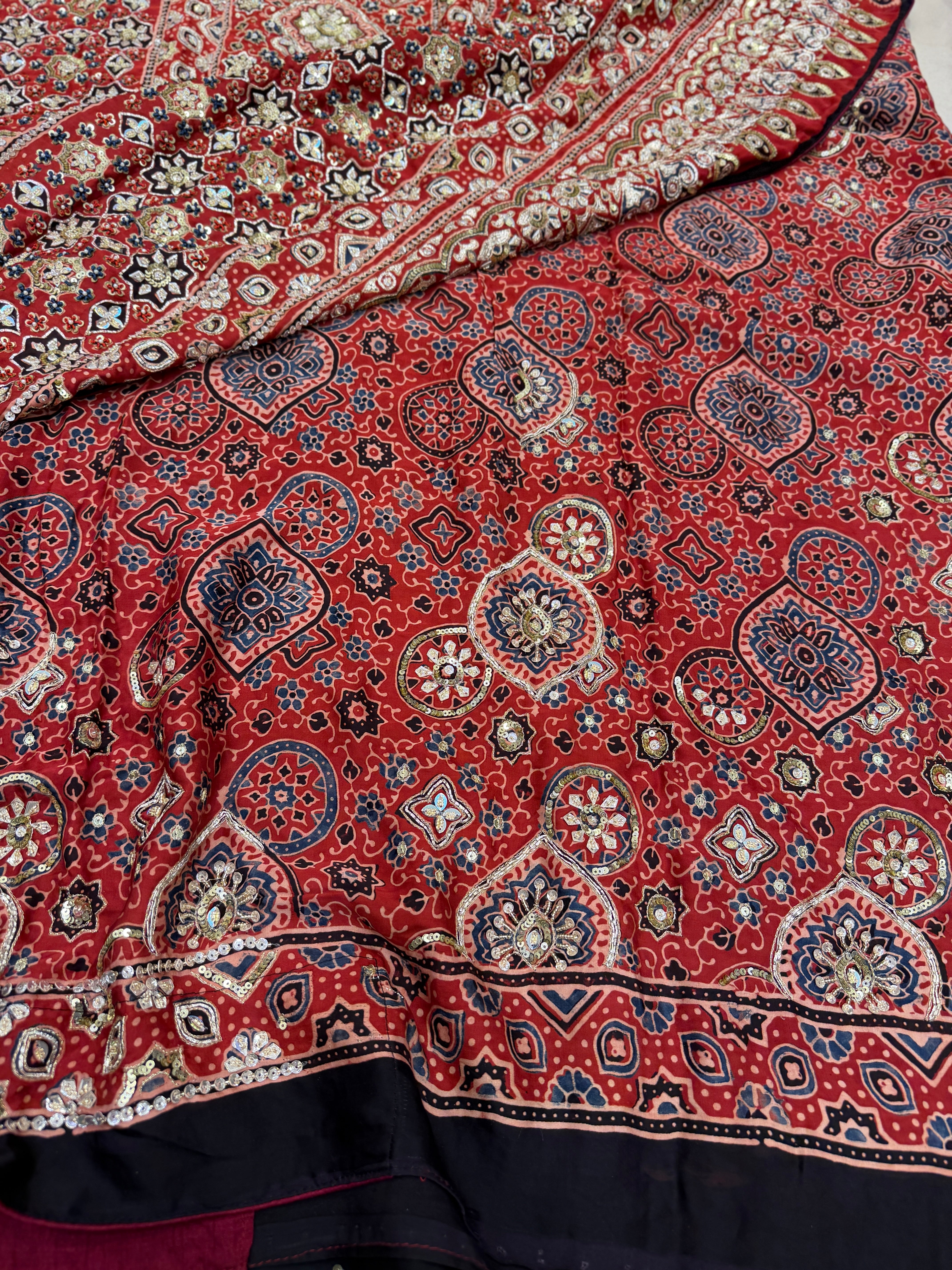 Blue Red Three Floral Butta Pita Zardosi Sequin Ajrakh Hand Embroidery Saree