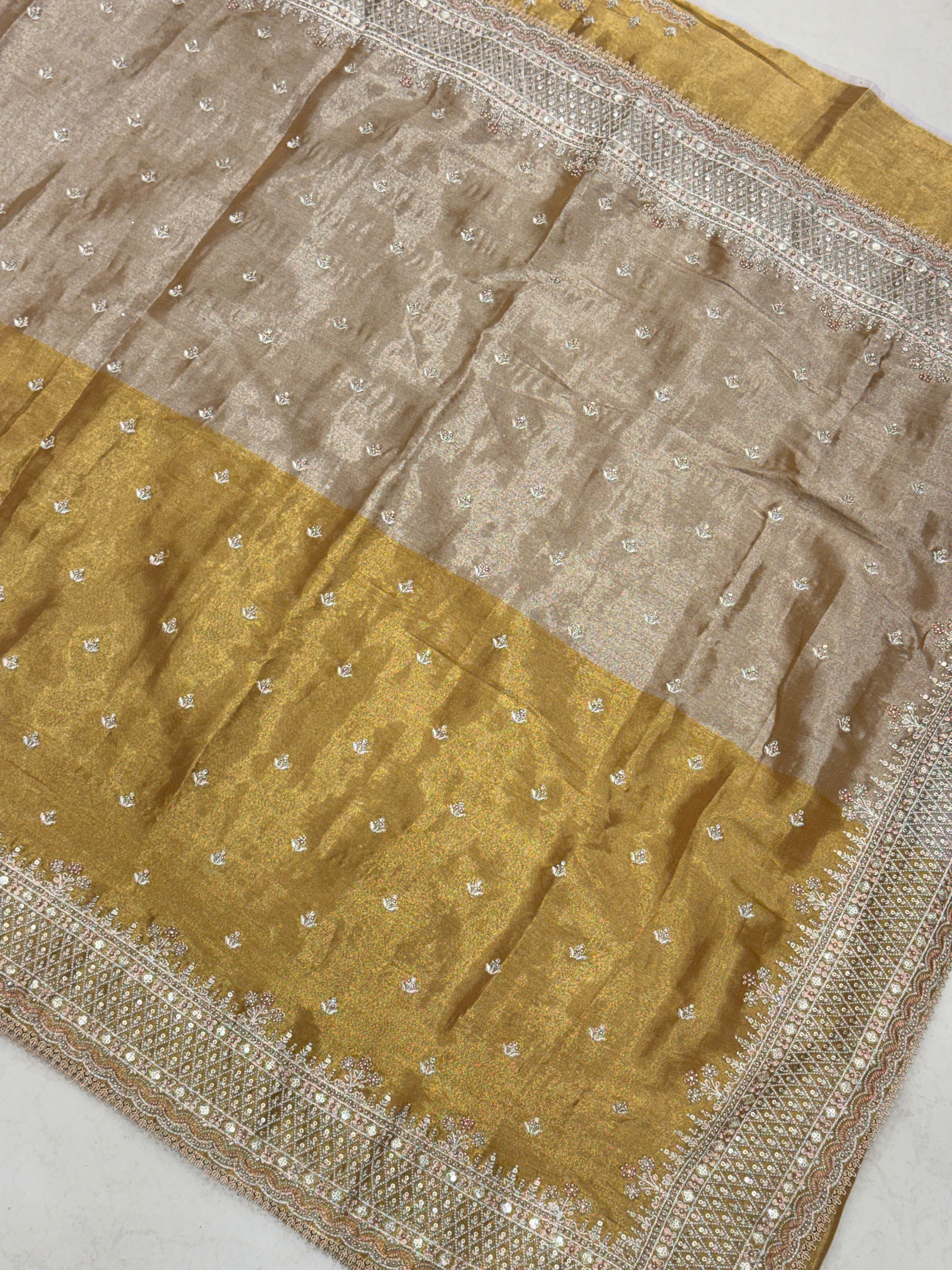 Golden Silver Soft Tissue Pita Embroidery Saree