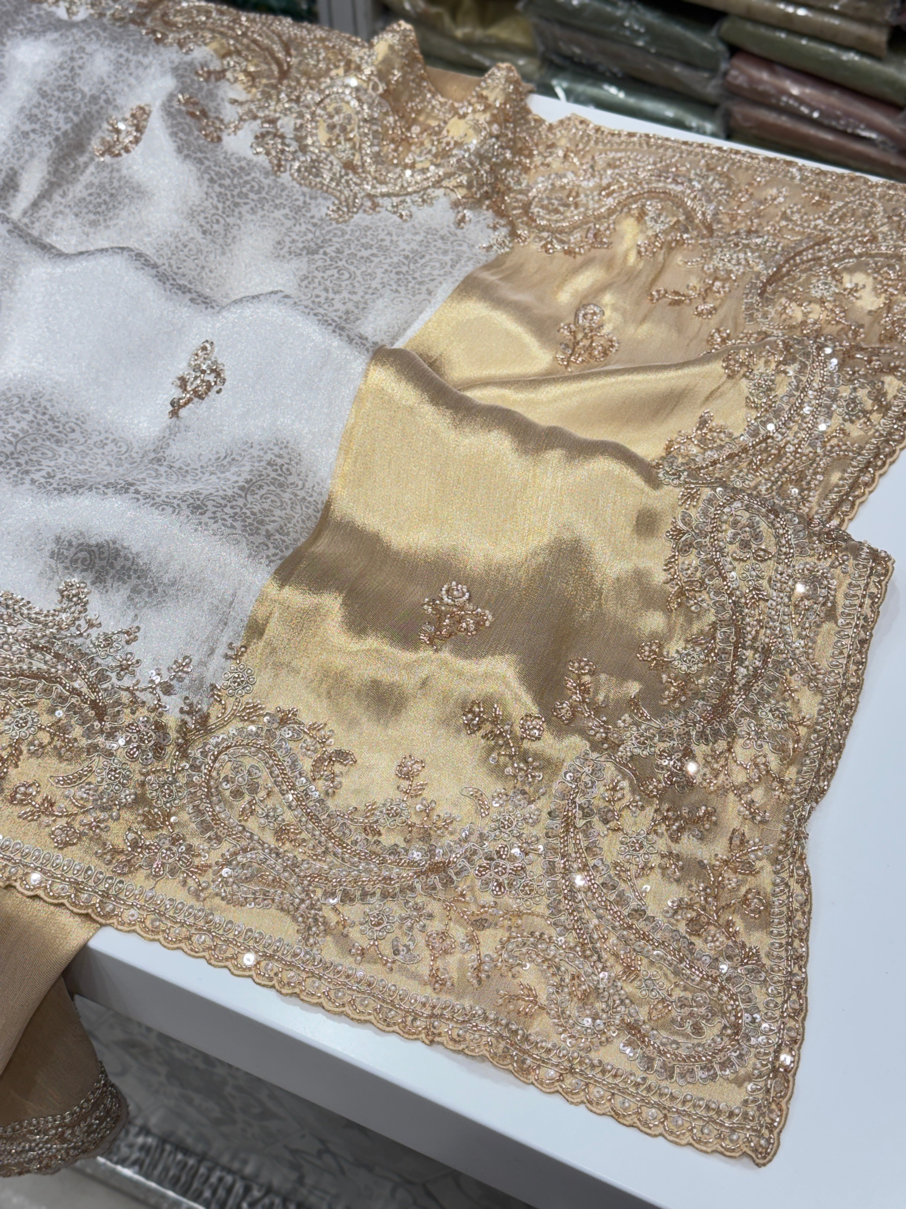 Silver Gold Floral Weave Soft Silk Moti Crystal Embroidery Saree