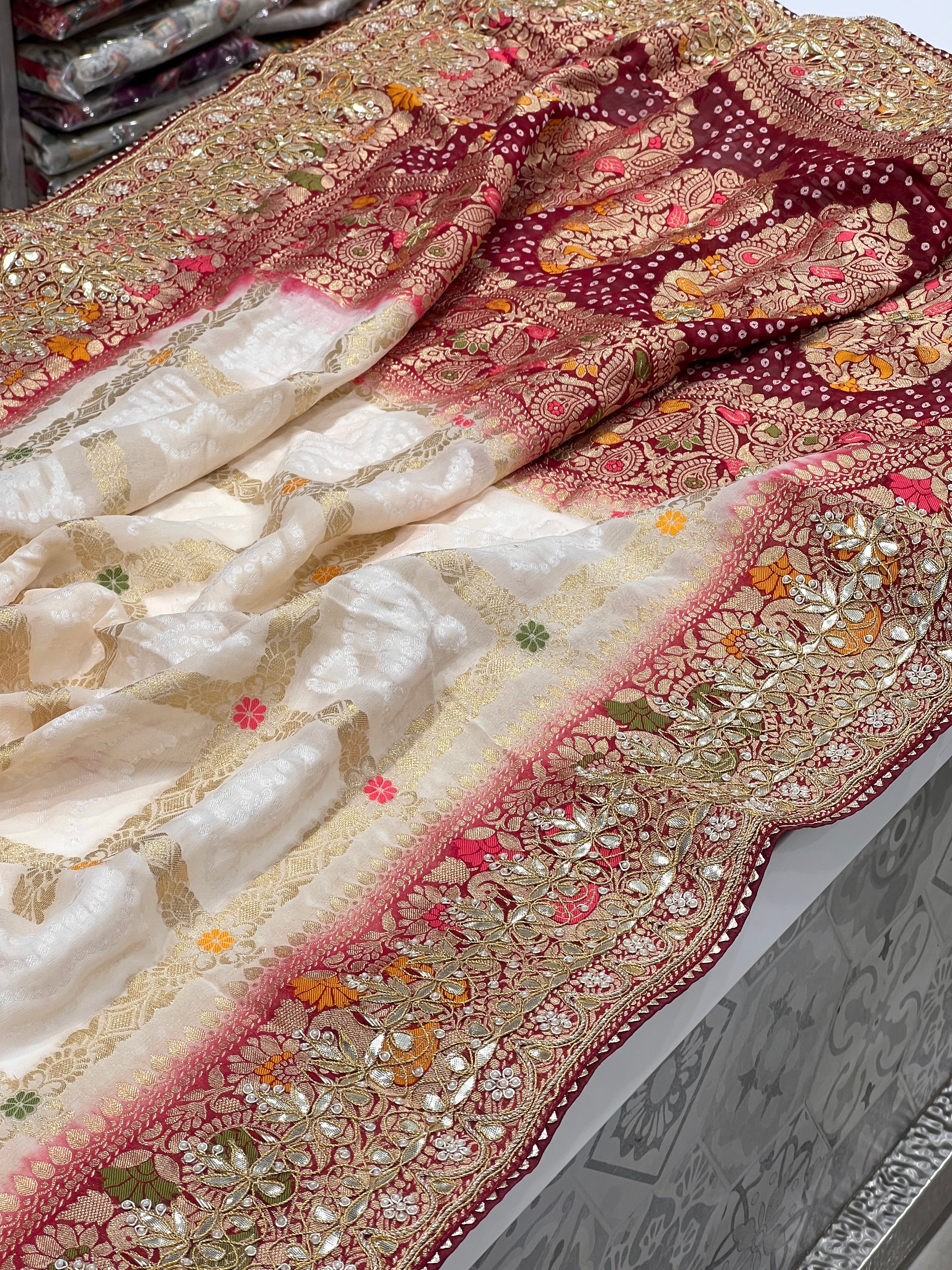 Beige Gharchola Gotapatti Saree