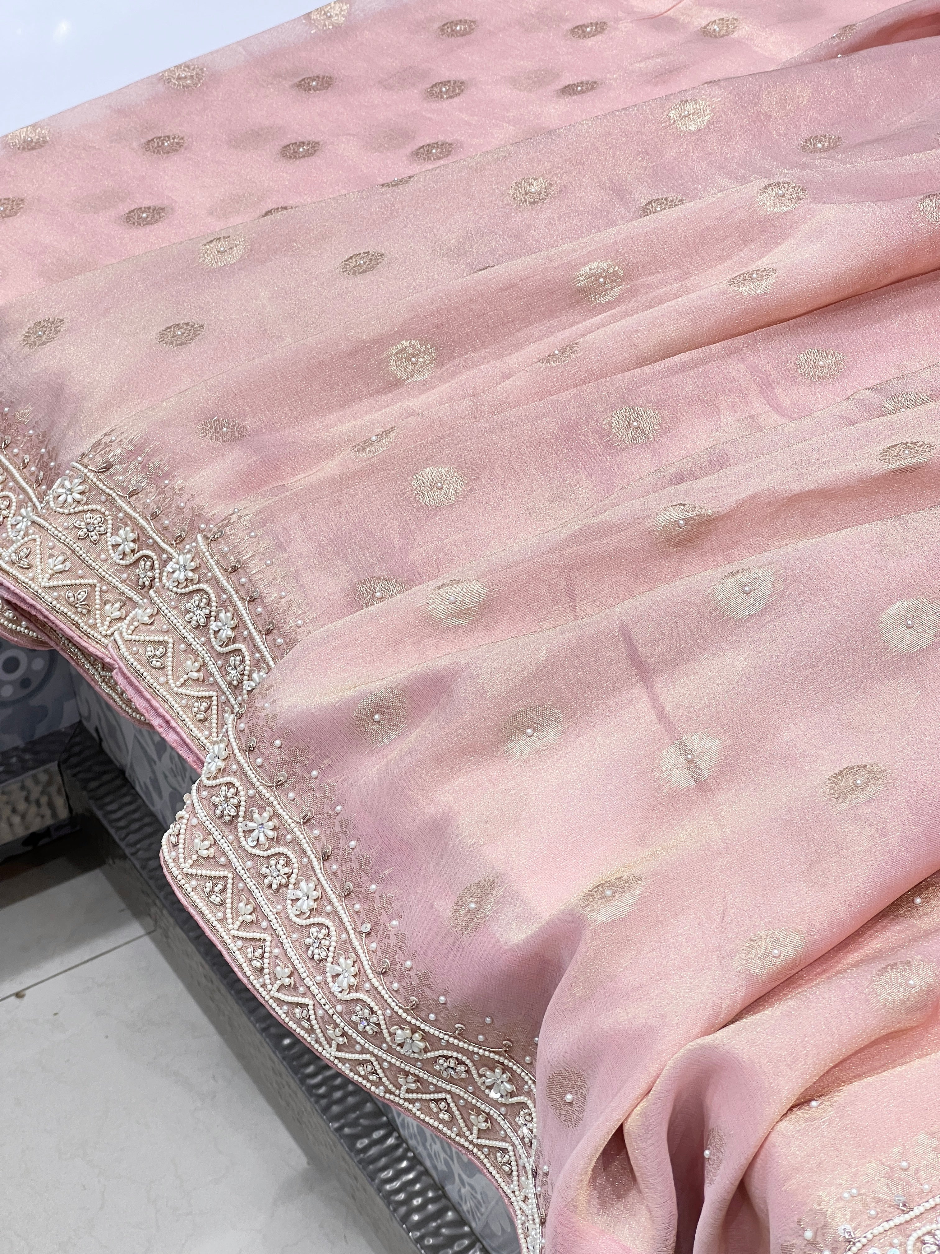Pink Tissue Organza Hand Embroidery Saree
