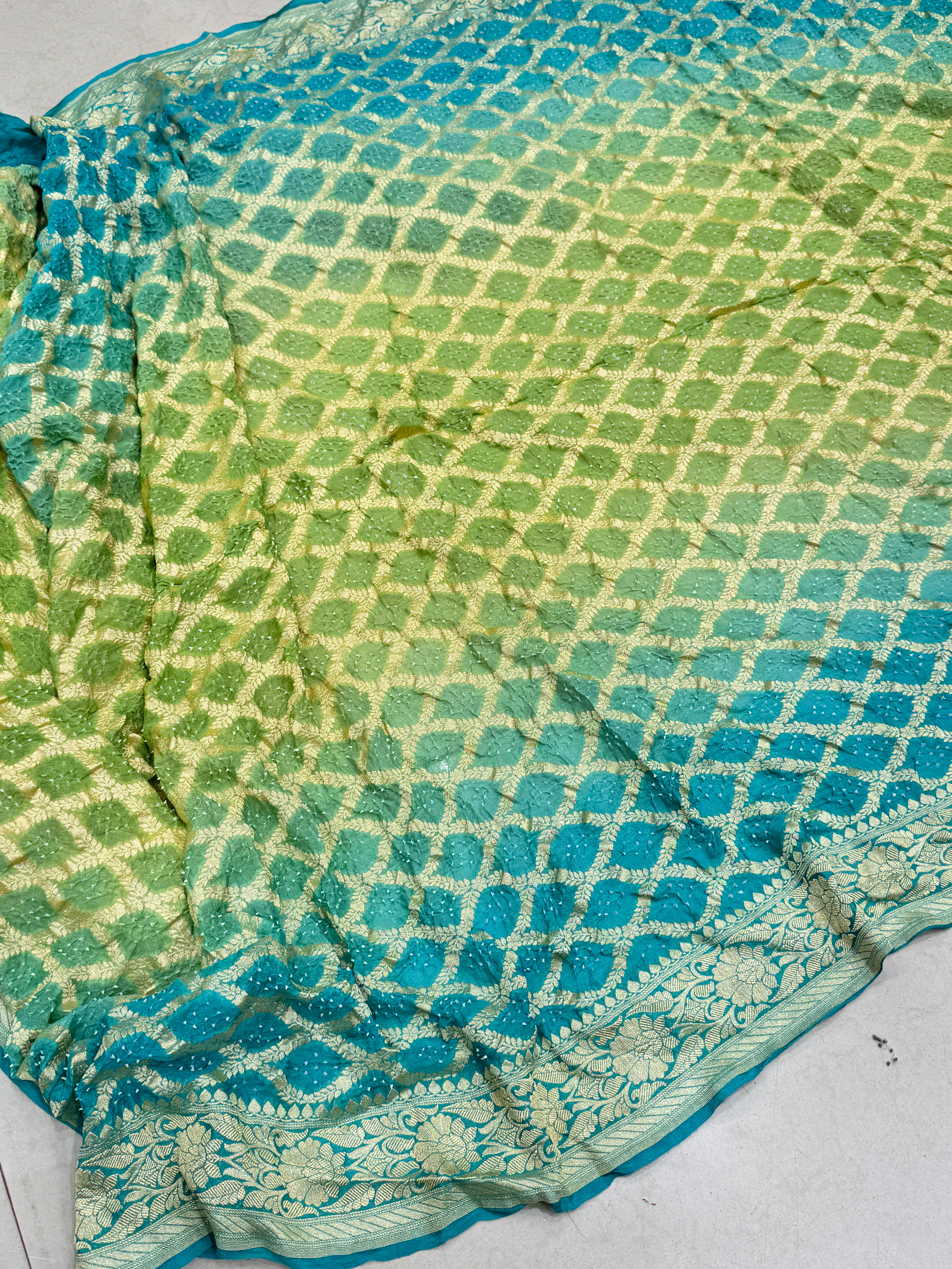 Shaded Green Blue Bandhej Bandhini Saree