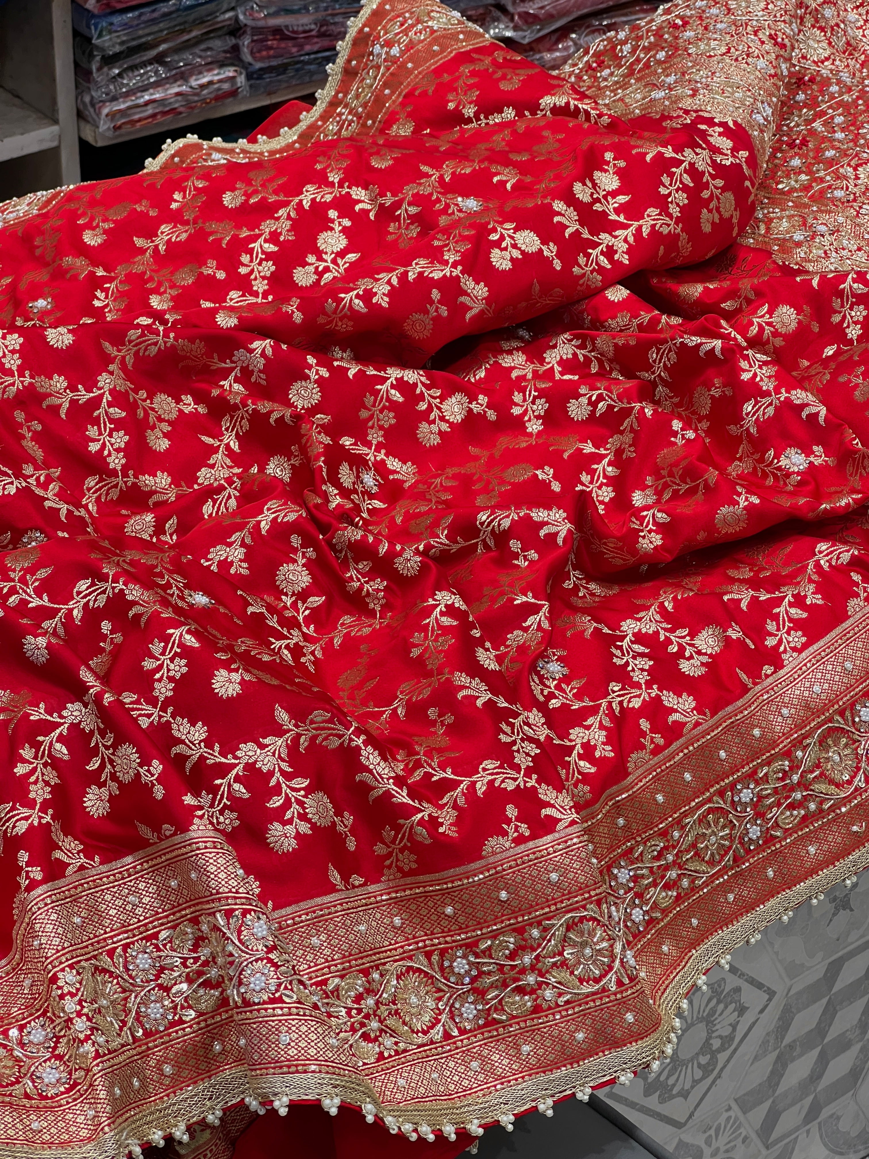 Red Banarasi Silk Flower Jaal Hand Embroidery Saree 2.0