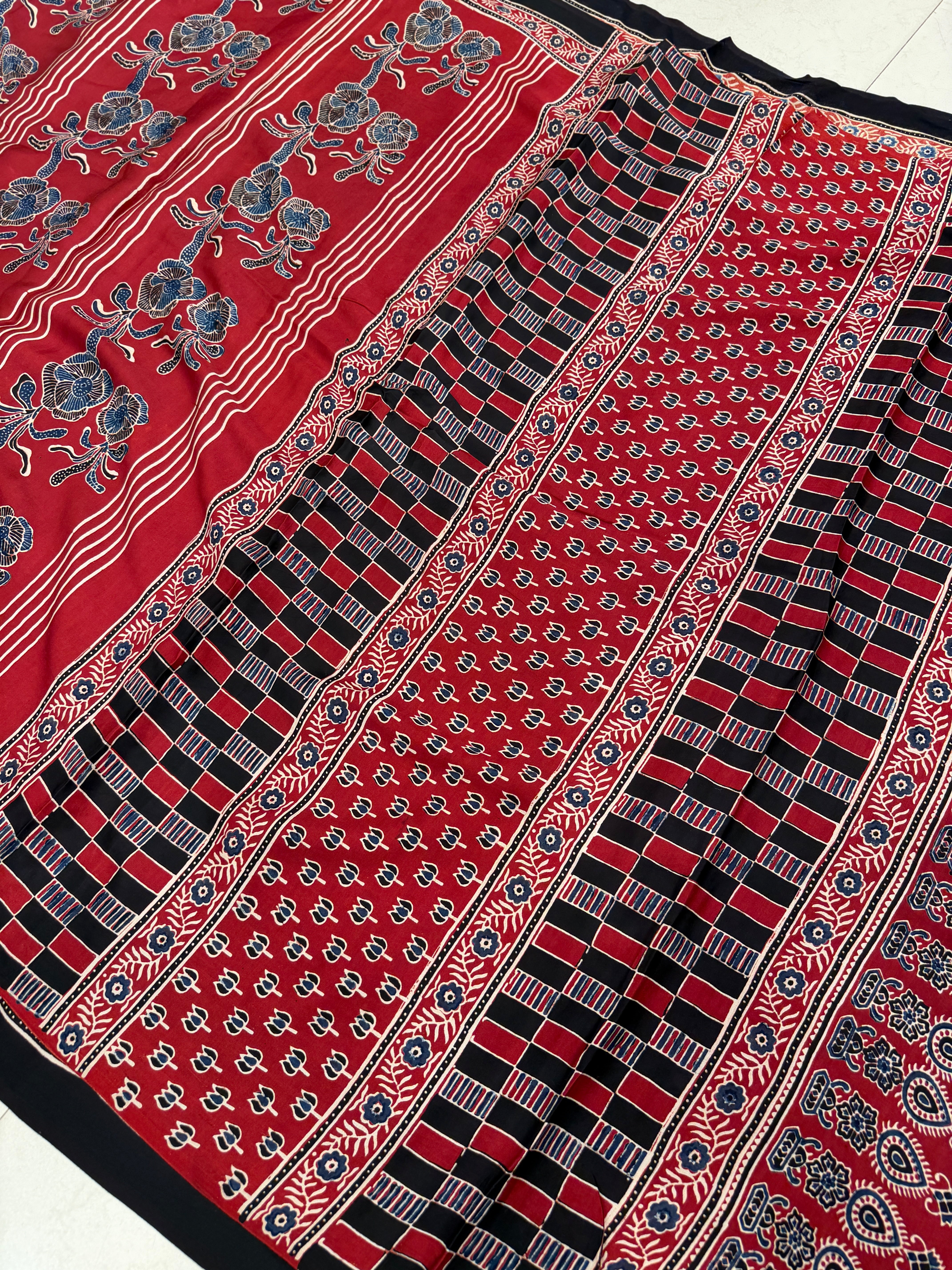 Red Rose Contemporary Ajrakh Block Print Hand Pure Gajji Silk Saree