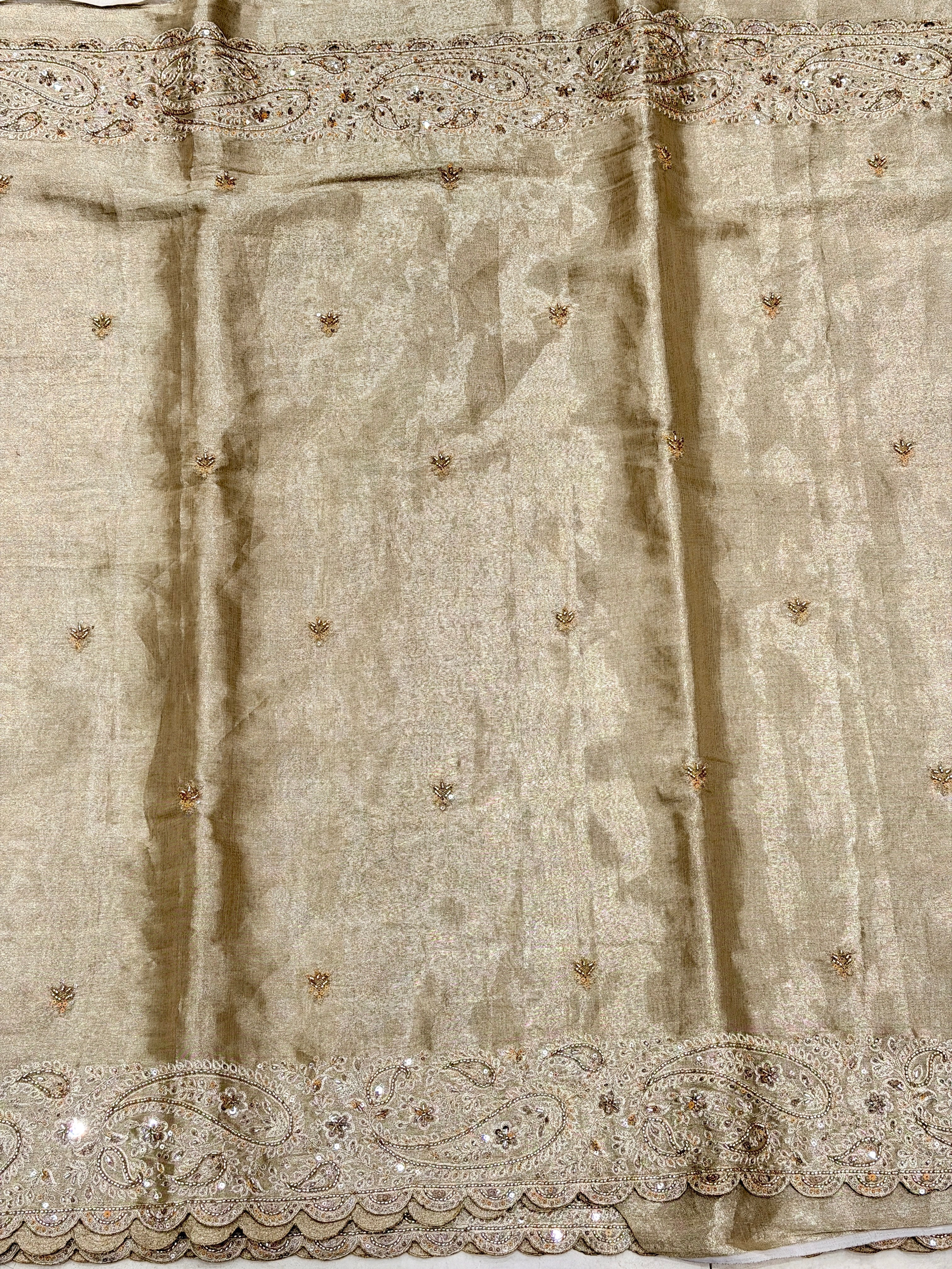 Light Golden Tissue Cutdana Moti Embroidery Saree