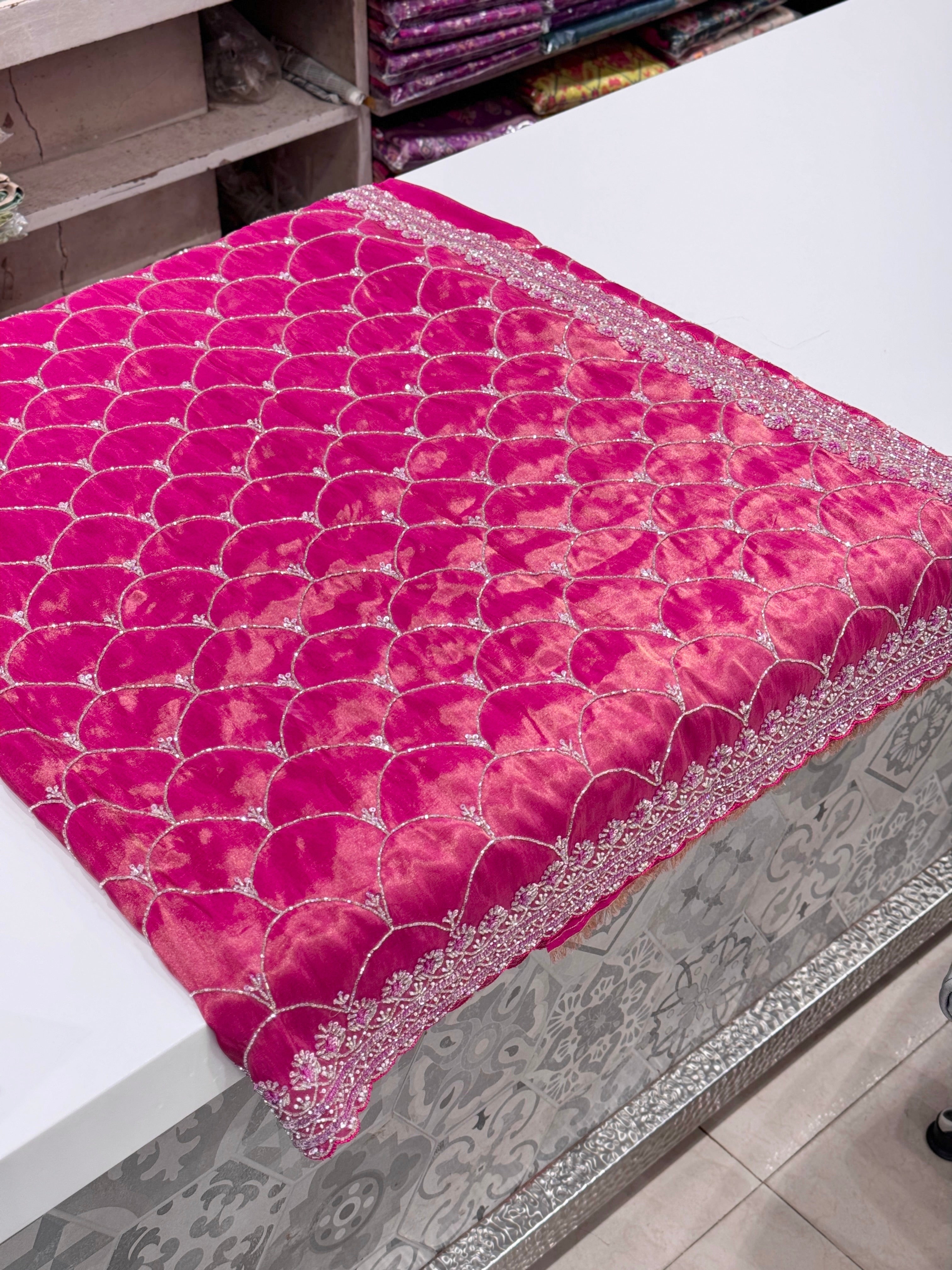 Crimson Crepe Tissue Embroidery Saree