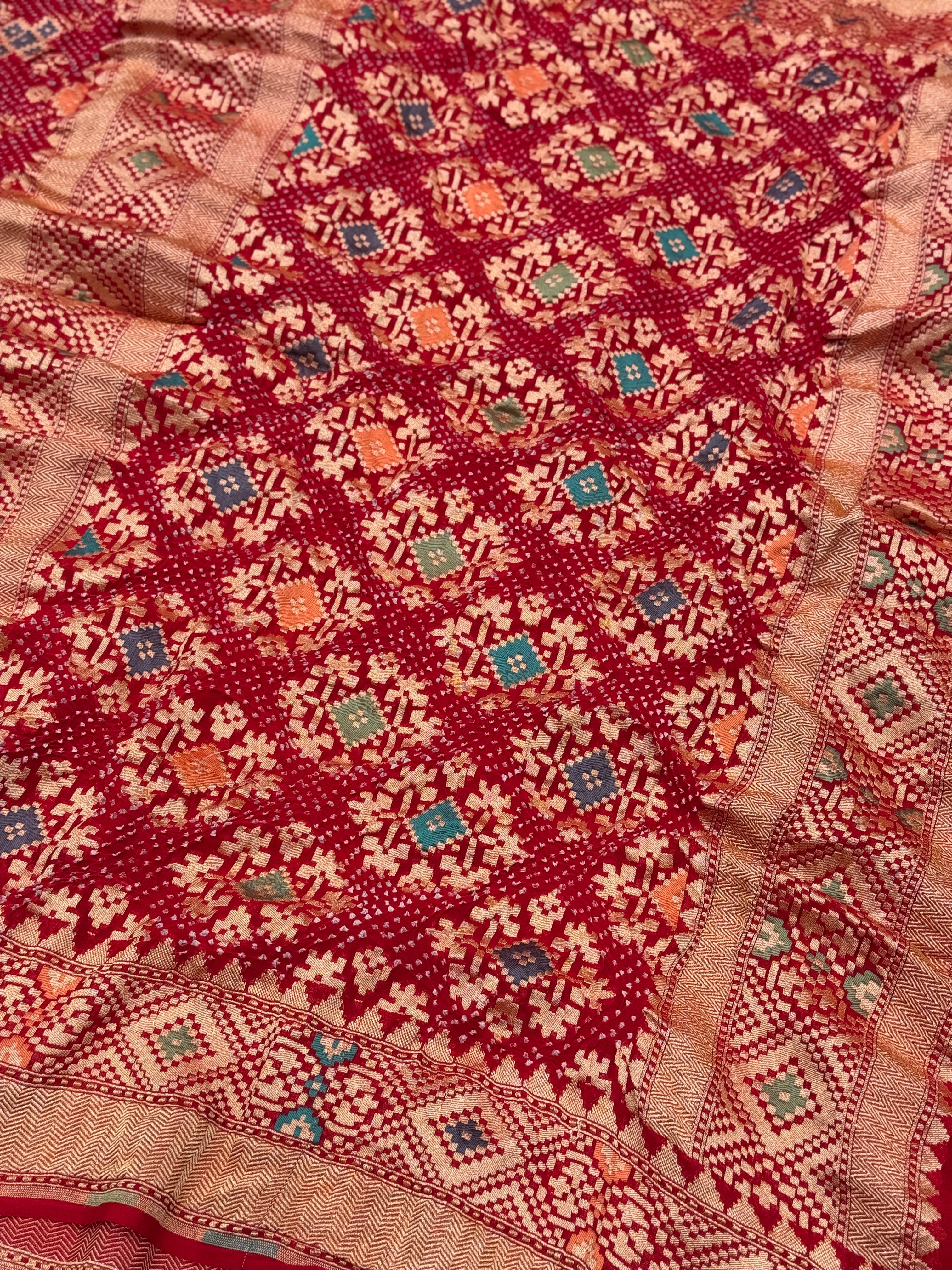 Red Handloom Meenakari Bandhej Bandhini Saree Patola Weave