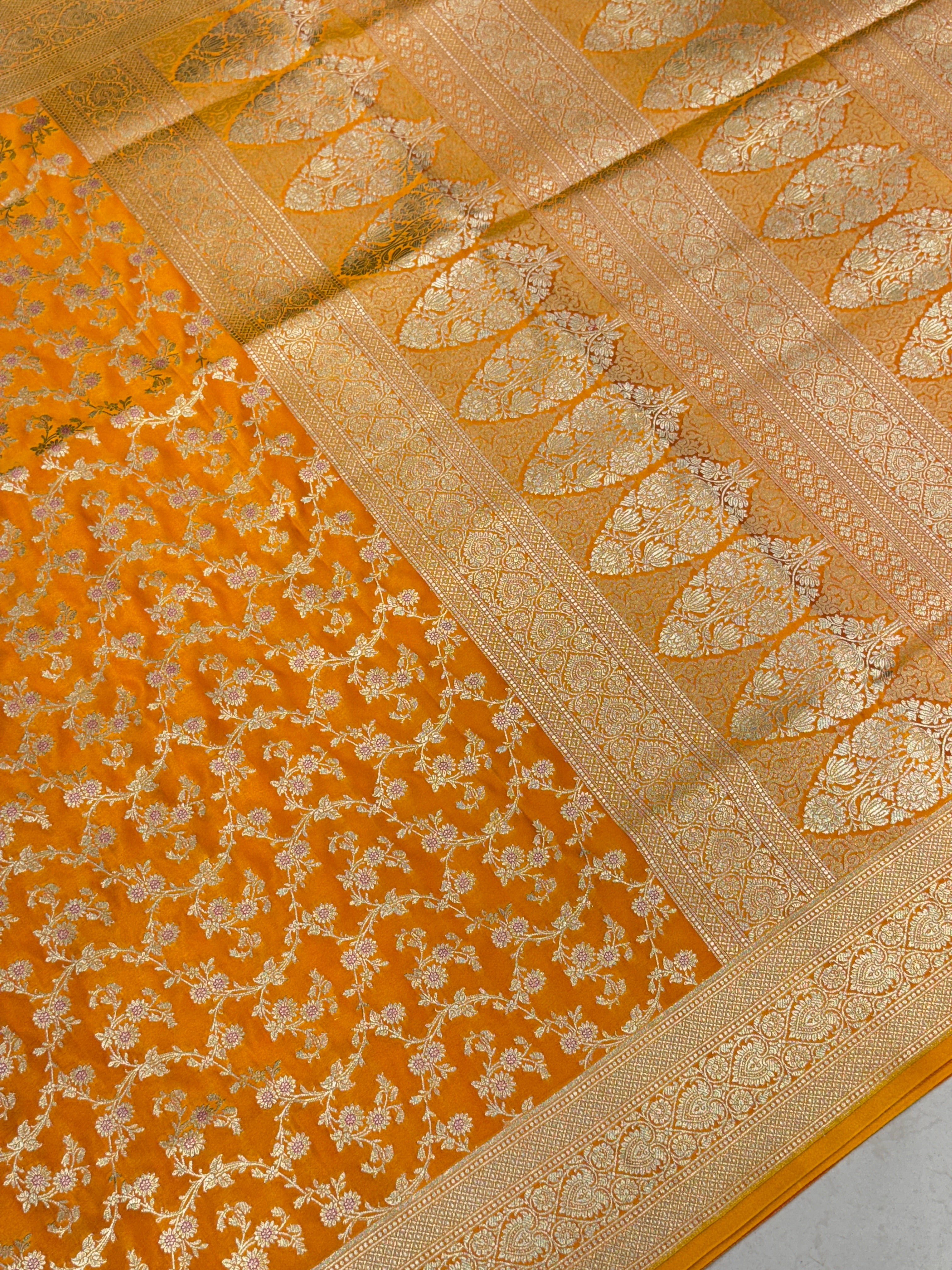 Mango Yellow Banarasi Silk Heart Border Saree