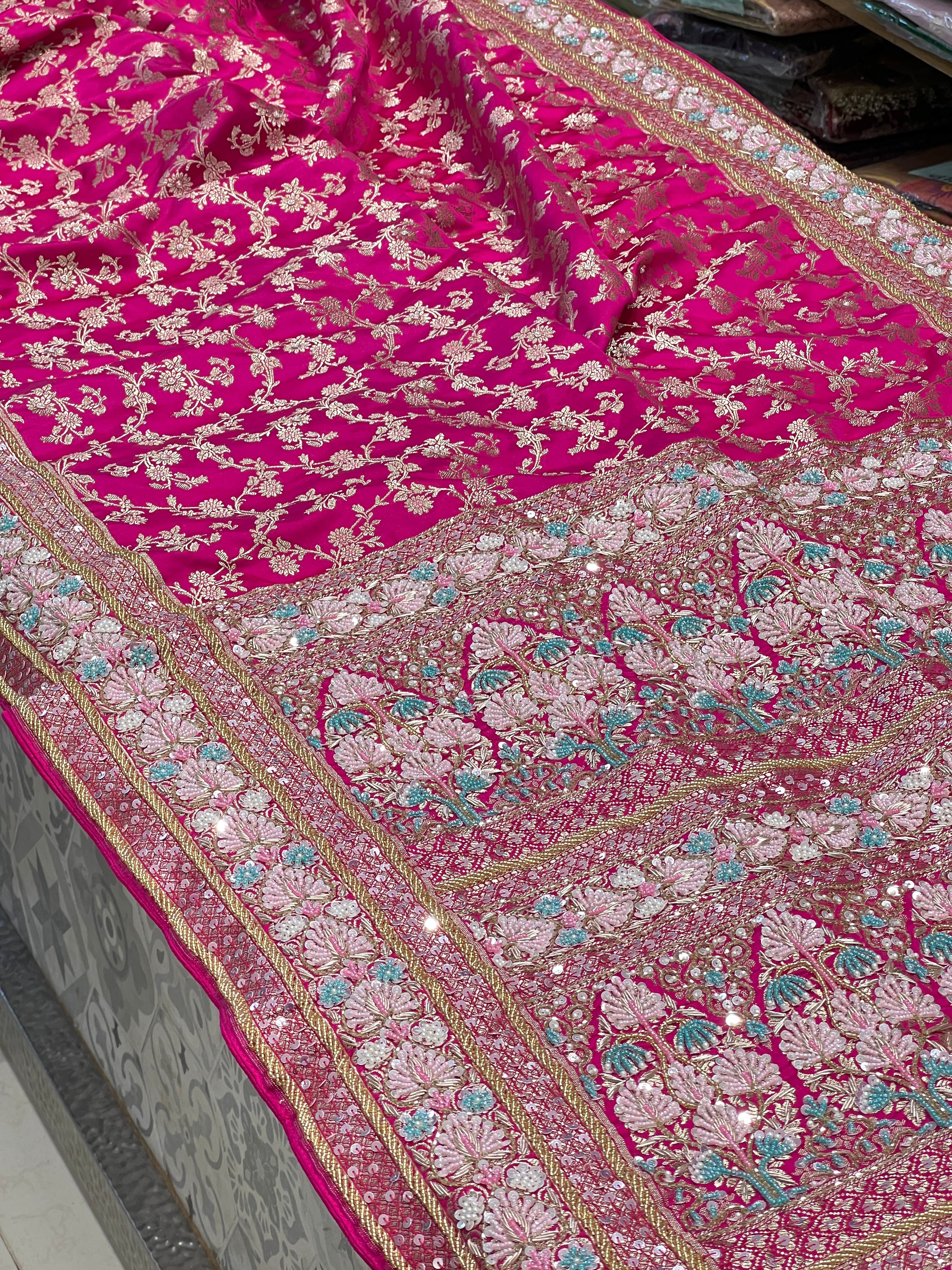 Rani Banarasi Heart Border Fancy Hand Embroidery Saree