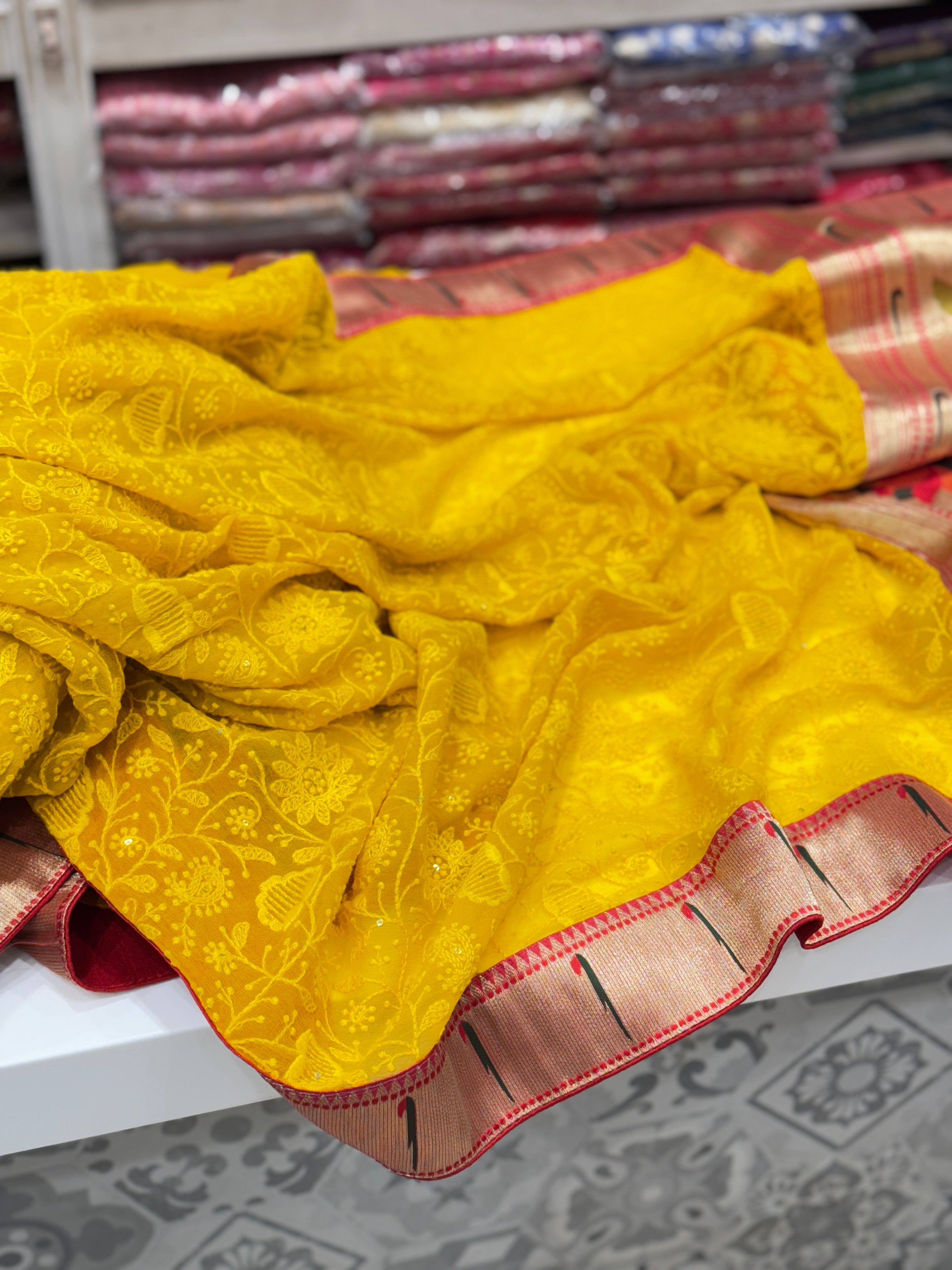 Yellow Chikankari Paithani Saree