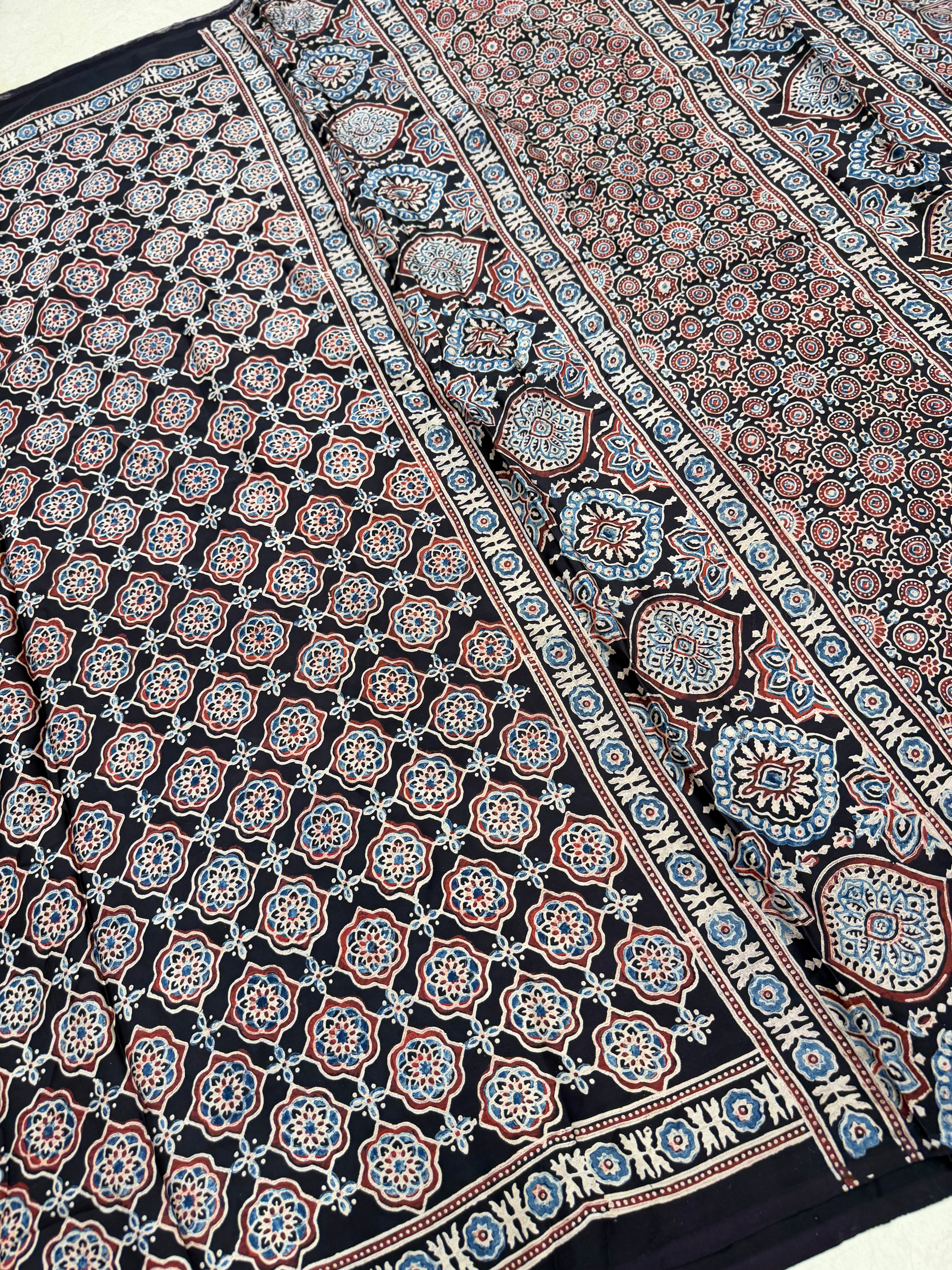 Black Jaal Ajrakh Hand Block Print Pure Gajji Silk Saree