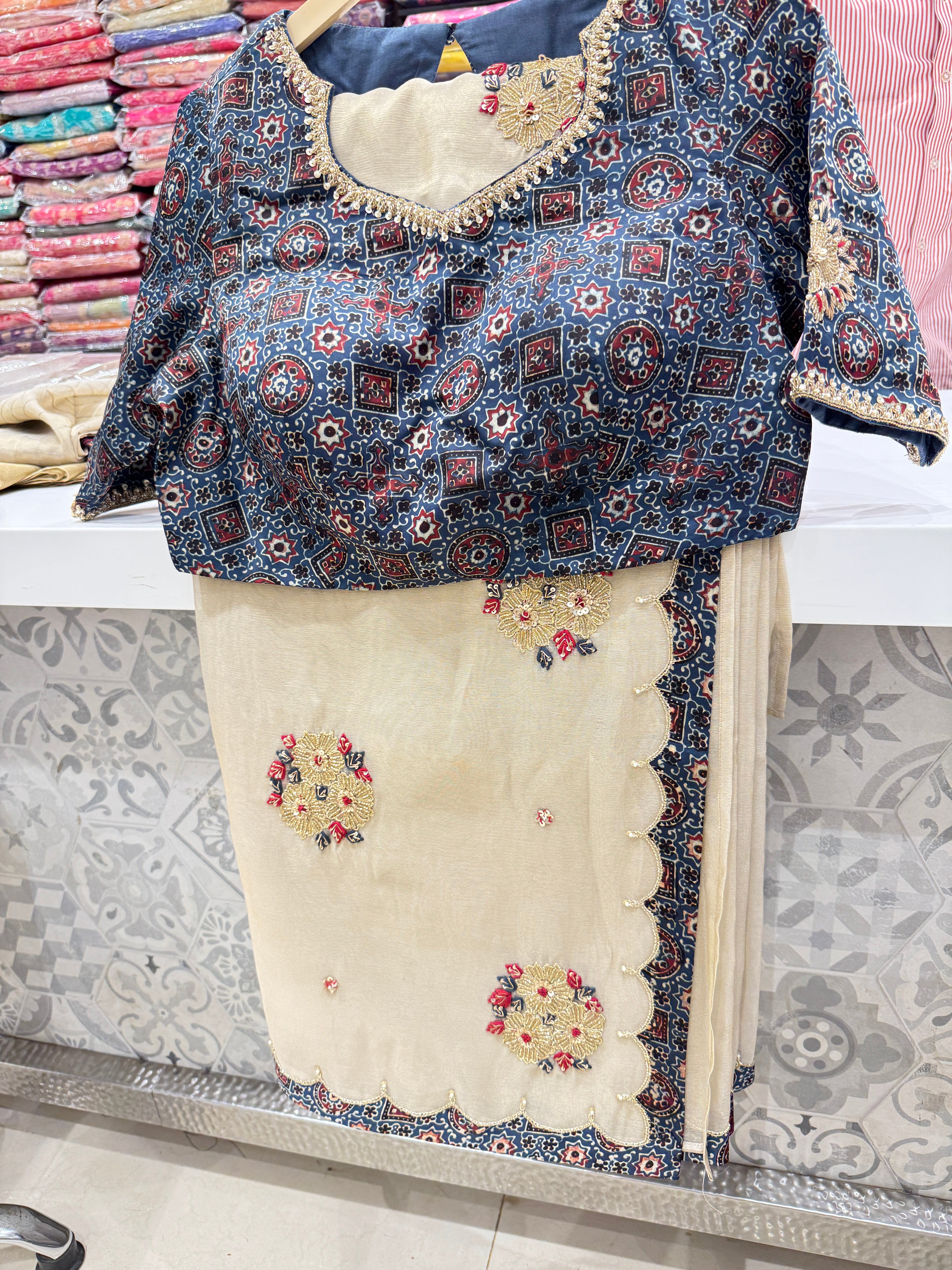 Golden Tissue With Ajrakh Ready Blouse Hand Embroidery