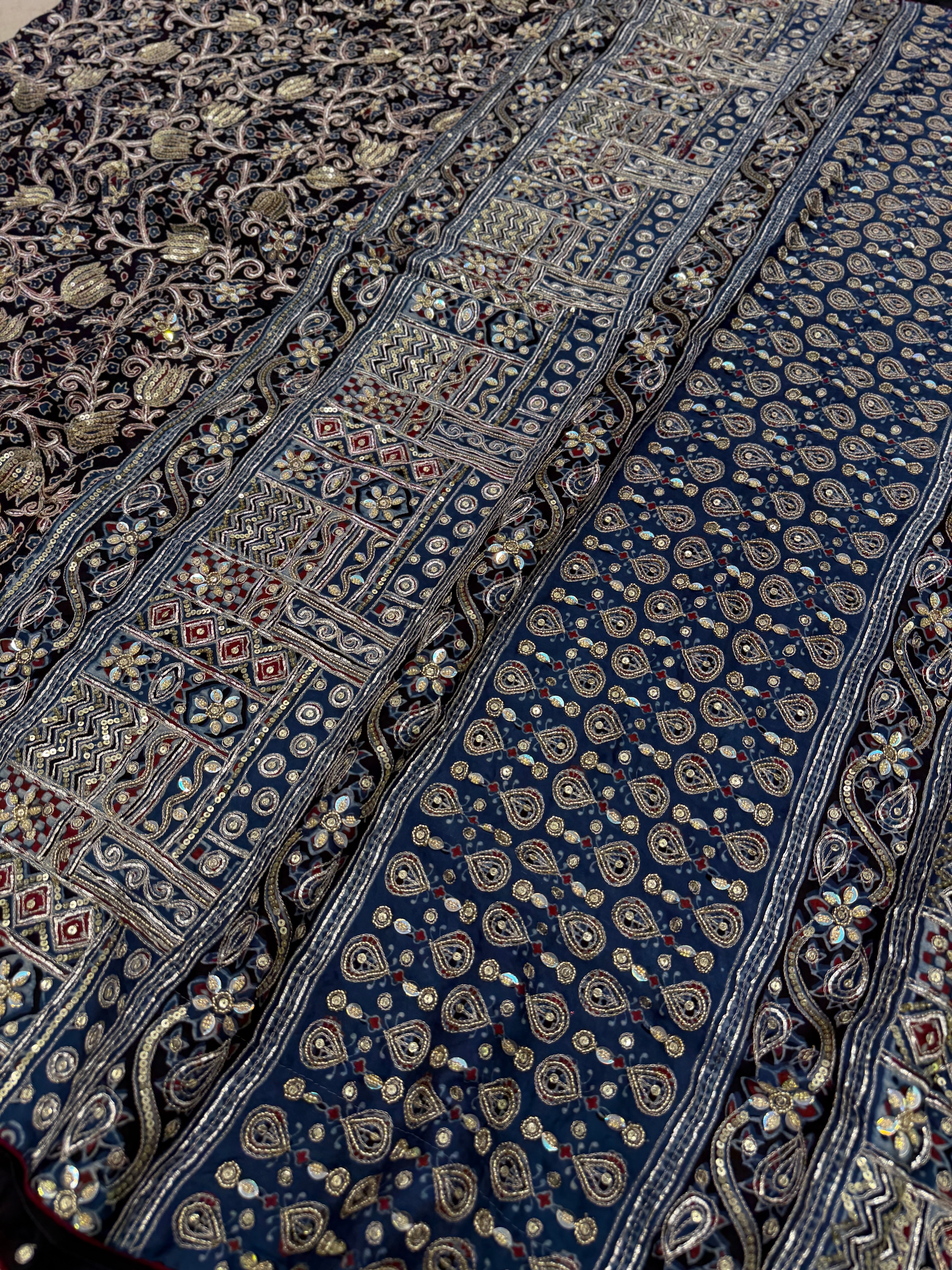 Black Blue Jaal Pita Sequin Ajrakh Hand Embroidery Saree