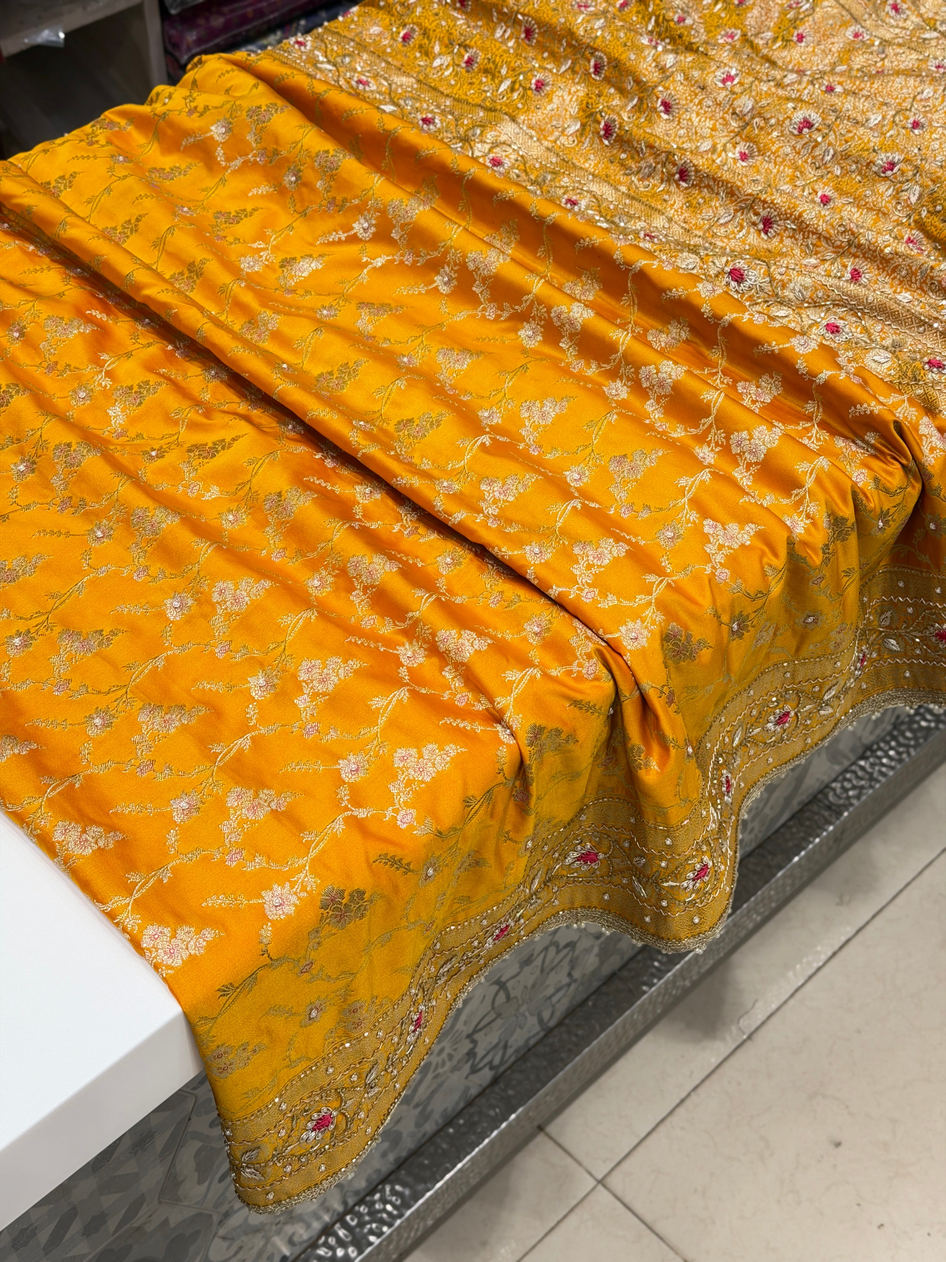 Mango Yellow Banarasi Jasmine Jaal Contrast Resham Embroidery Saree