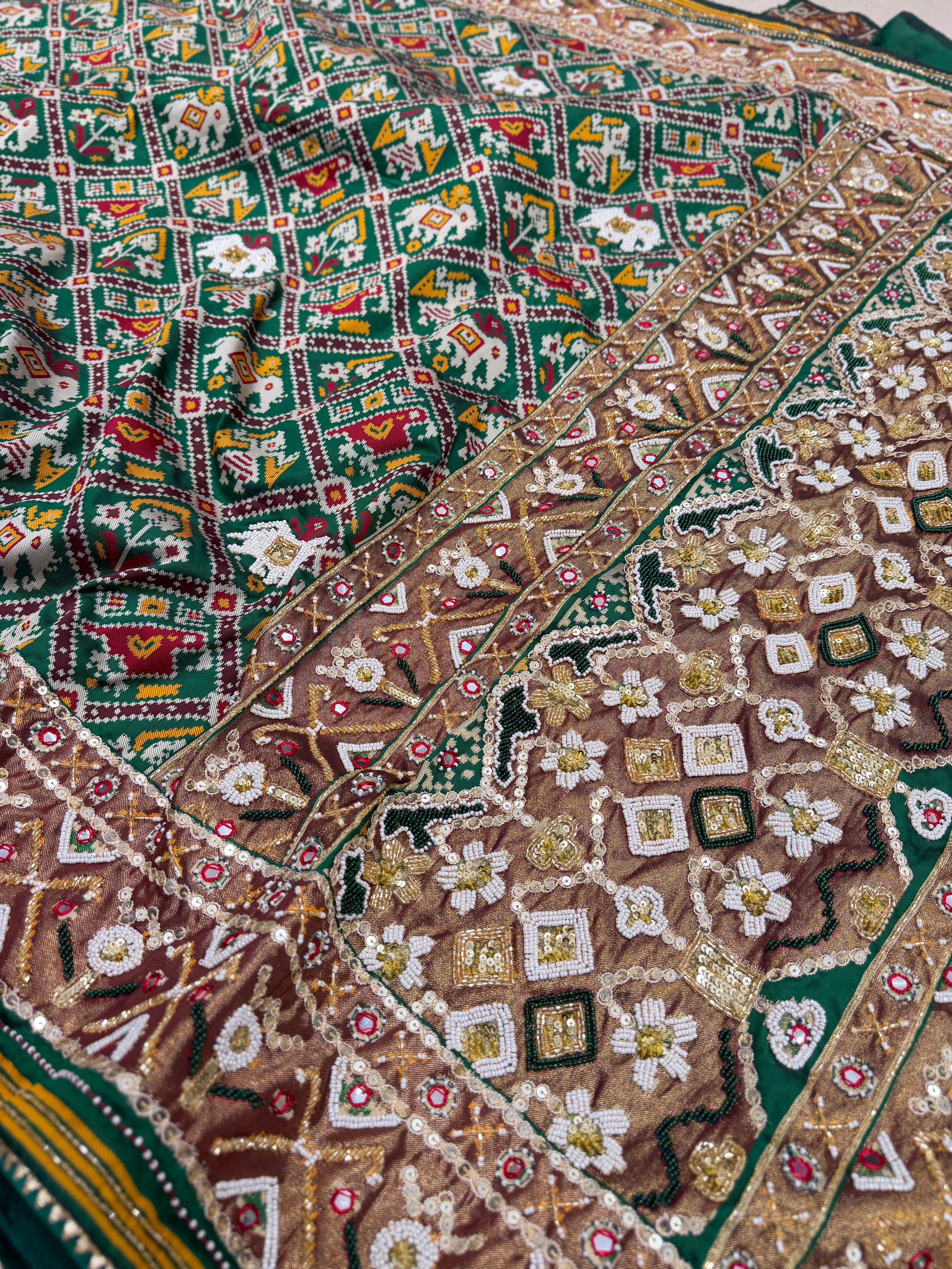 Bottle Green Patola Chhabdi Bhat Kidiya Moti Hand Embroidery Patola Saree