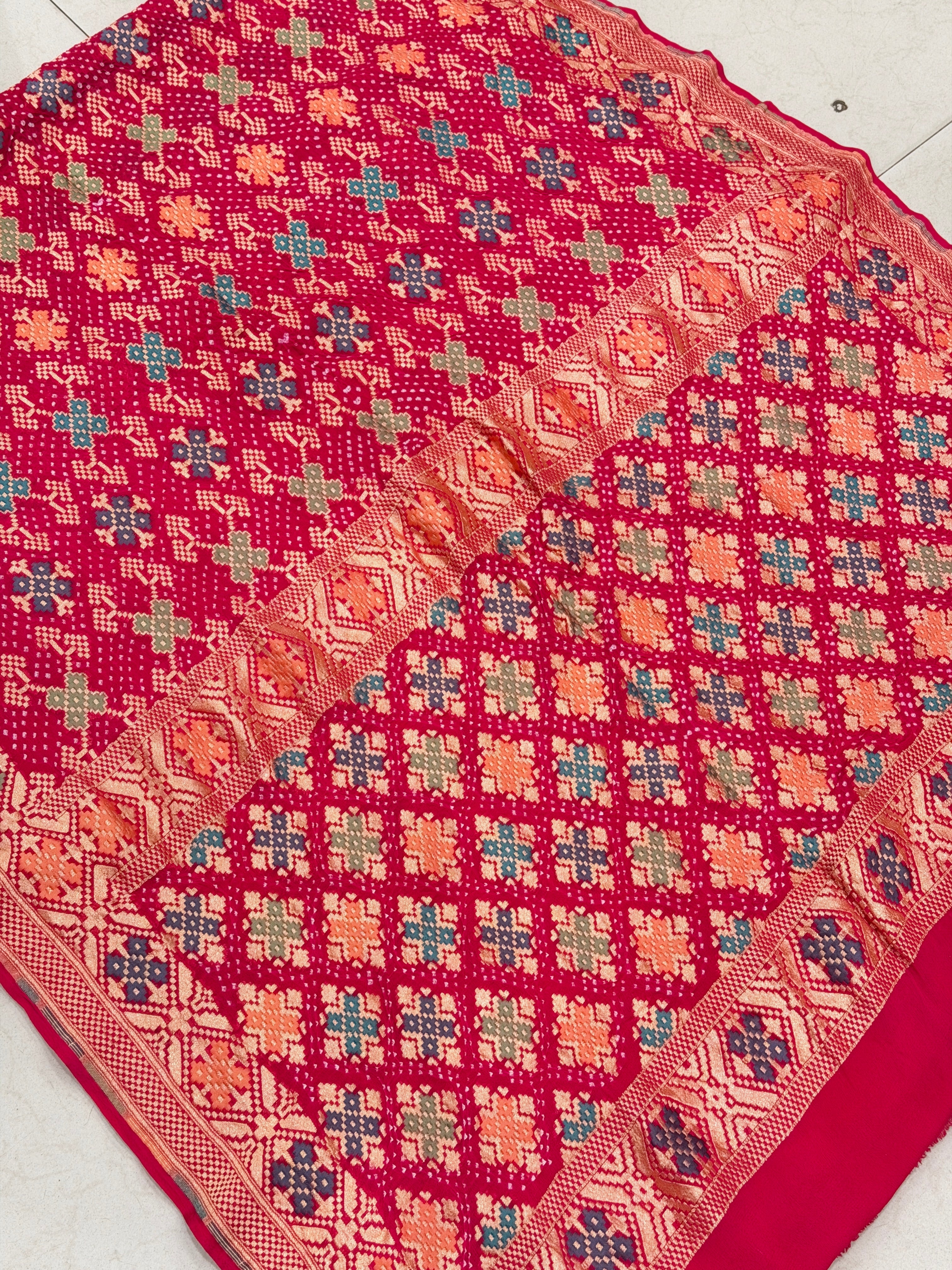 Crimson Rani Patola Weave Meenakari Georgette Bandhej Saree