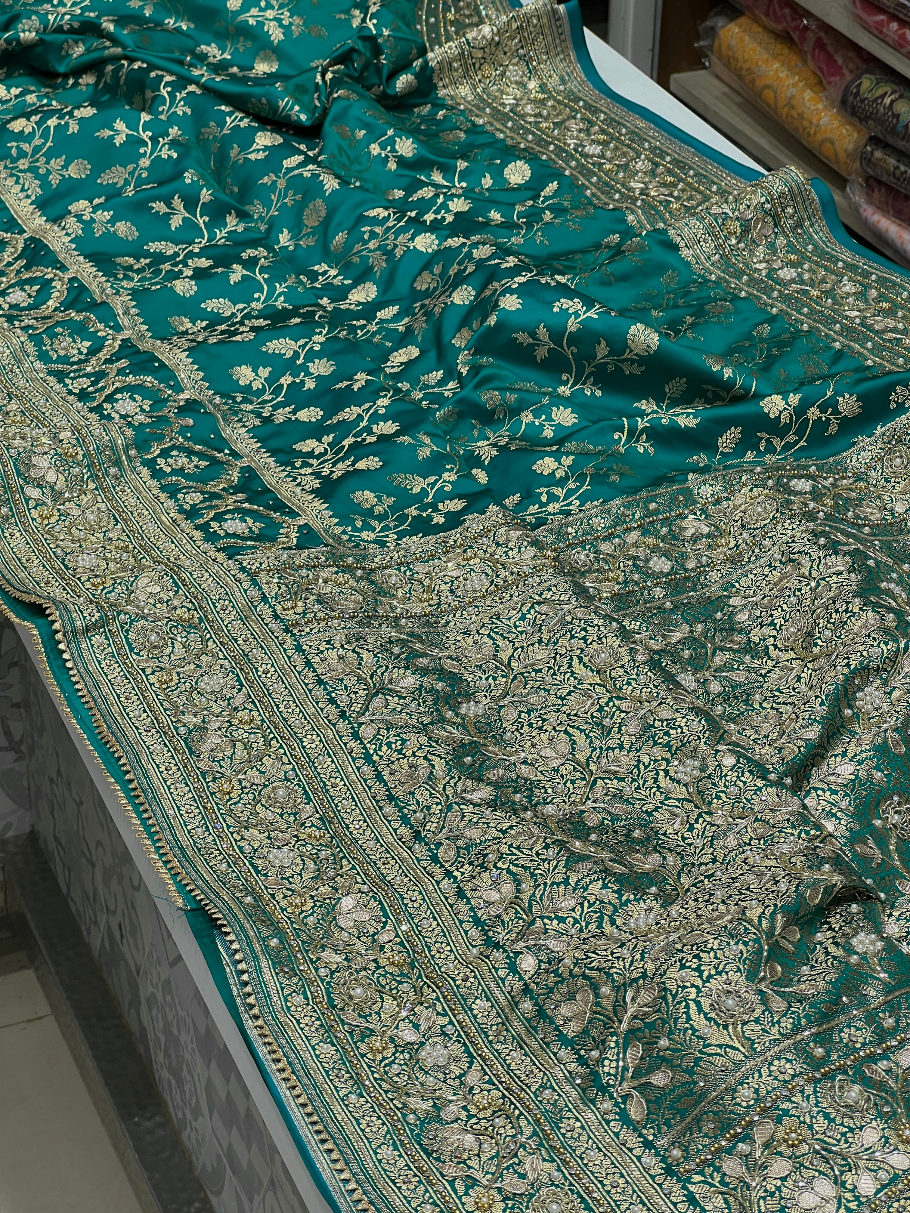 Warm Teal Green Banarasi Silk Hand Embroidery Saree