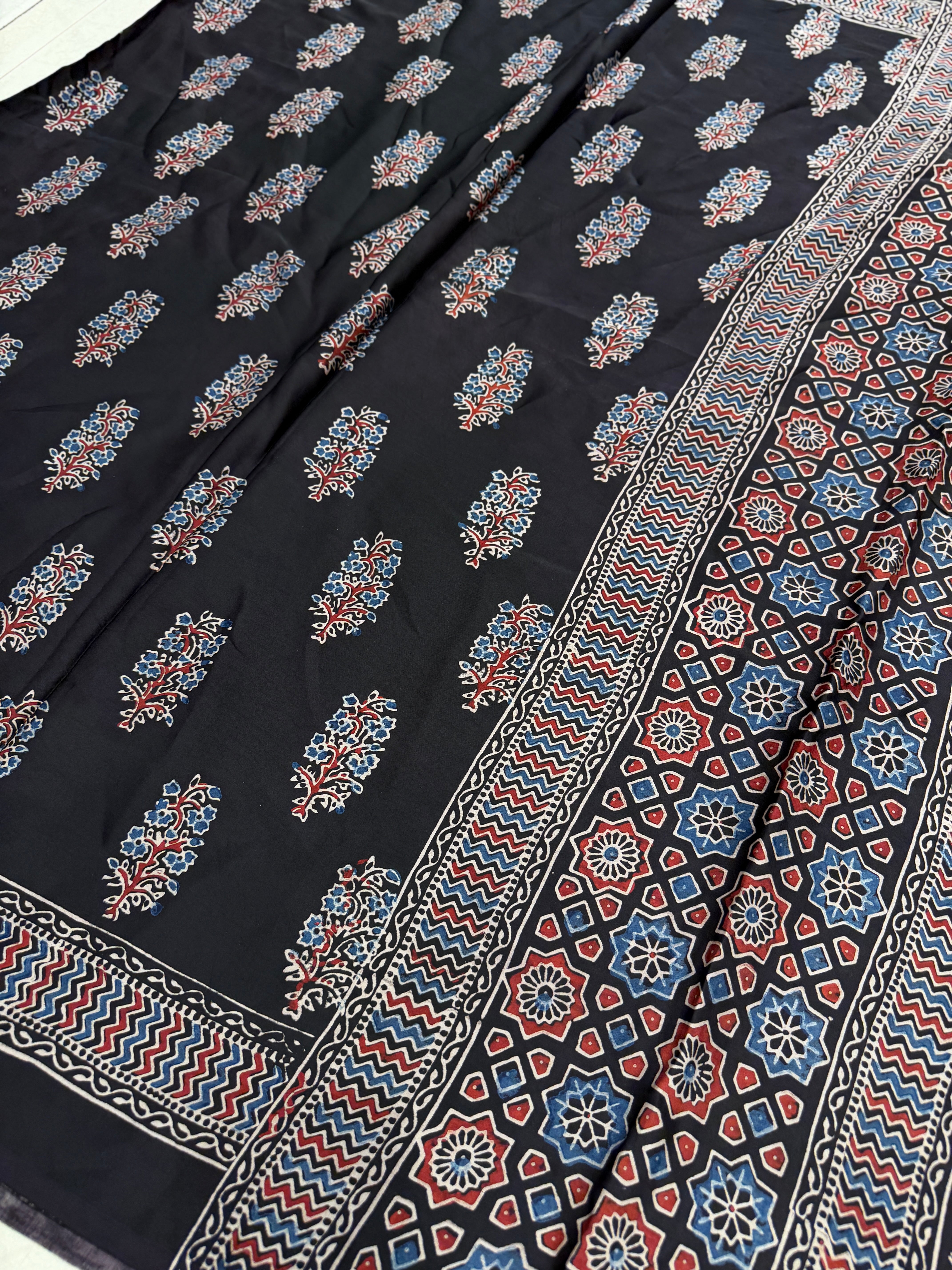 Black Tree Butta Ajrakh Hand Block Print Pure Gajji Silk Saree