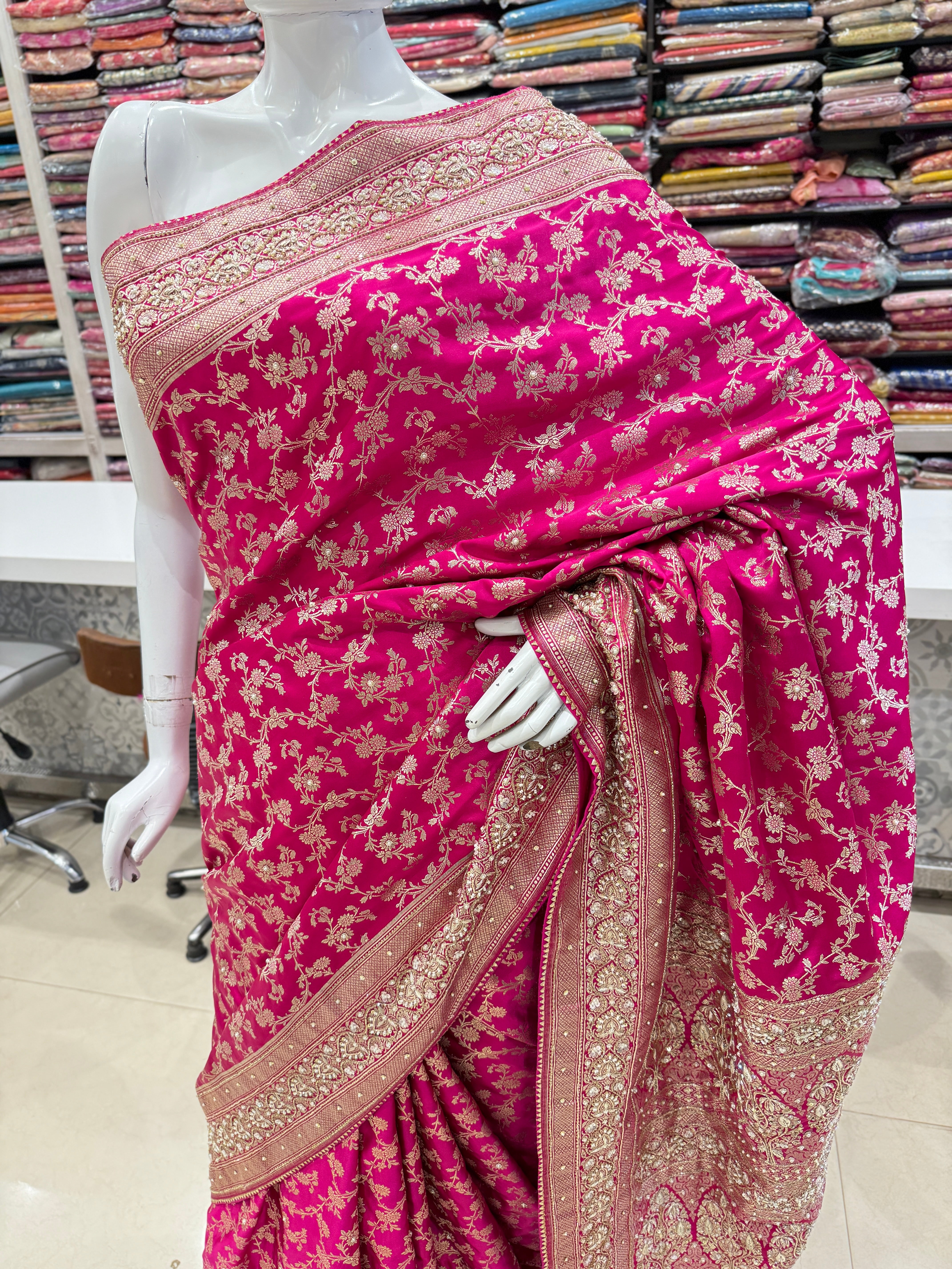 Rani Banarasi Hand Zardosi Moti Embroidery